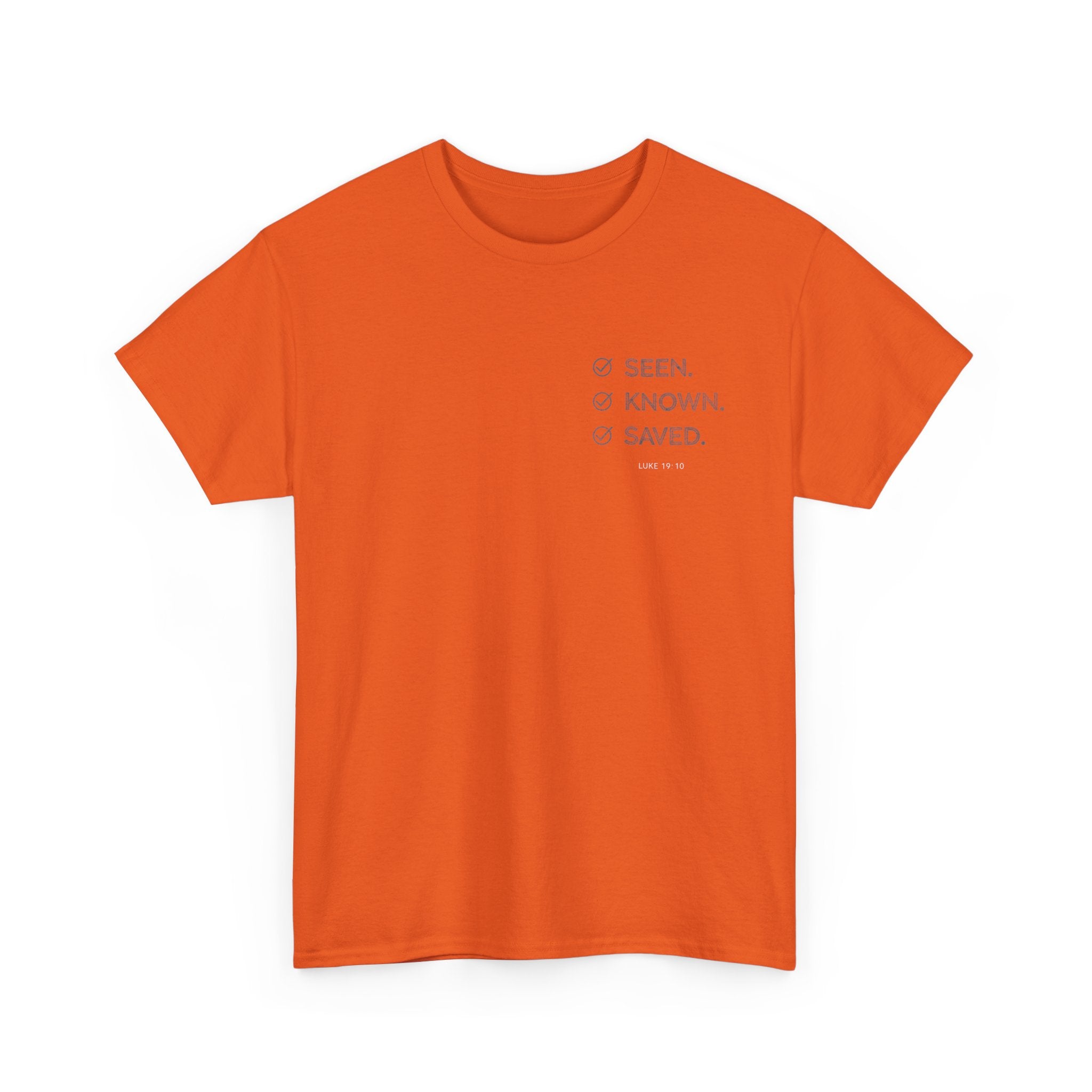 Black Text-Pattern T-Shirt — Seen Known Saved Christian Typography Graphic Tee