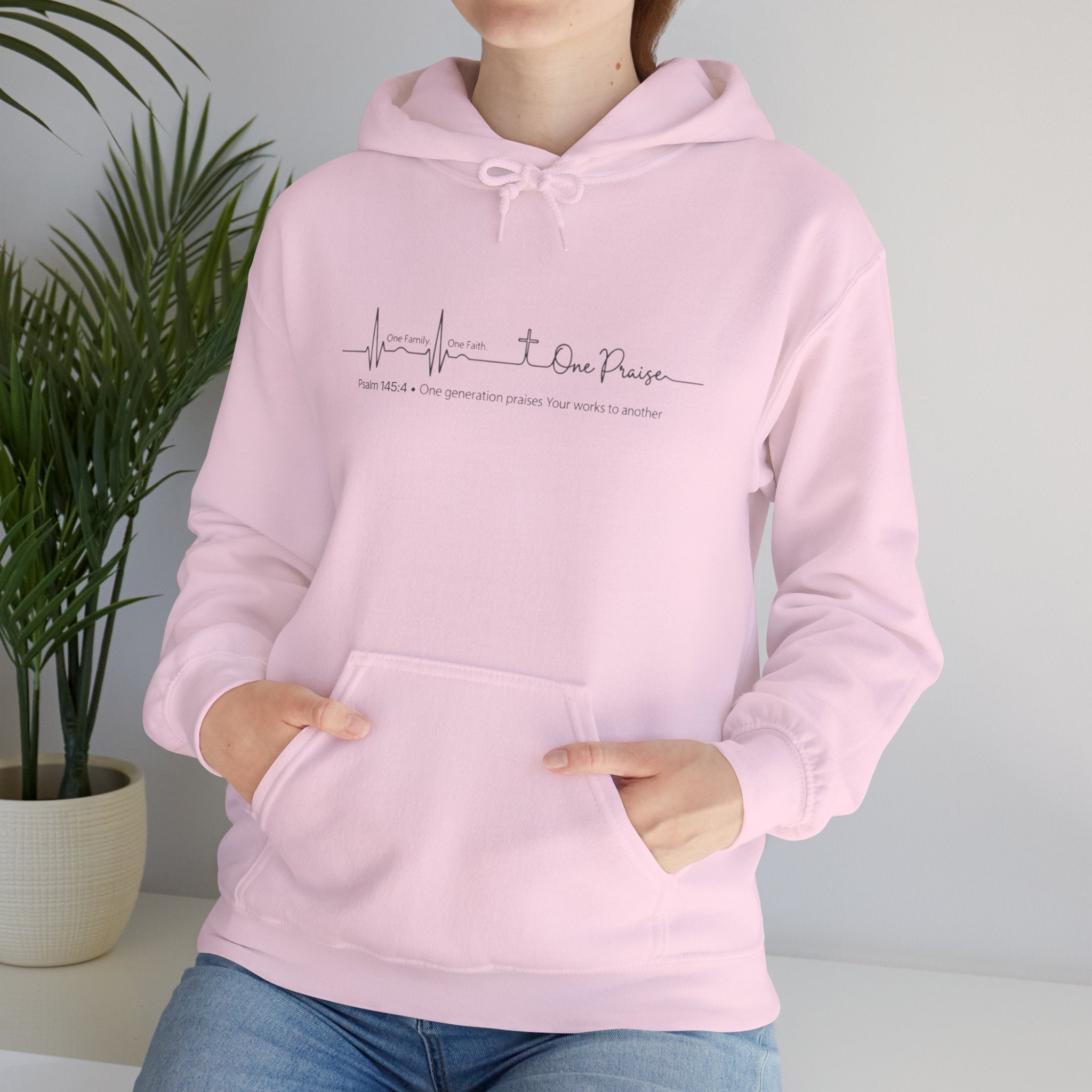 Hoodie "One Faith One Family One Praise" Minimal Heartbeat Faith Script - White Pullover