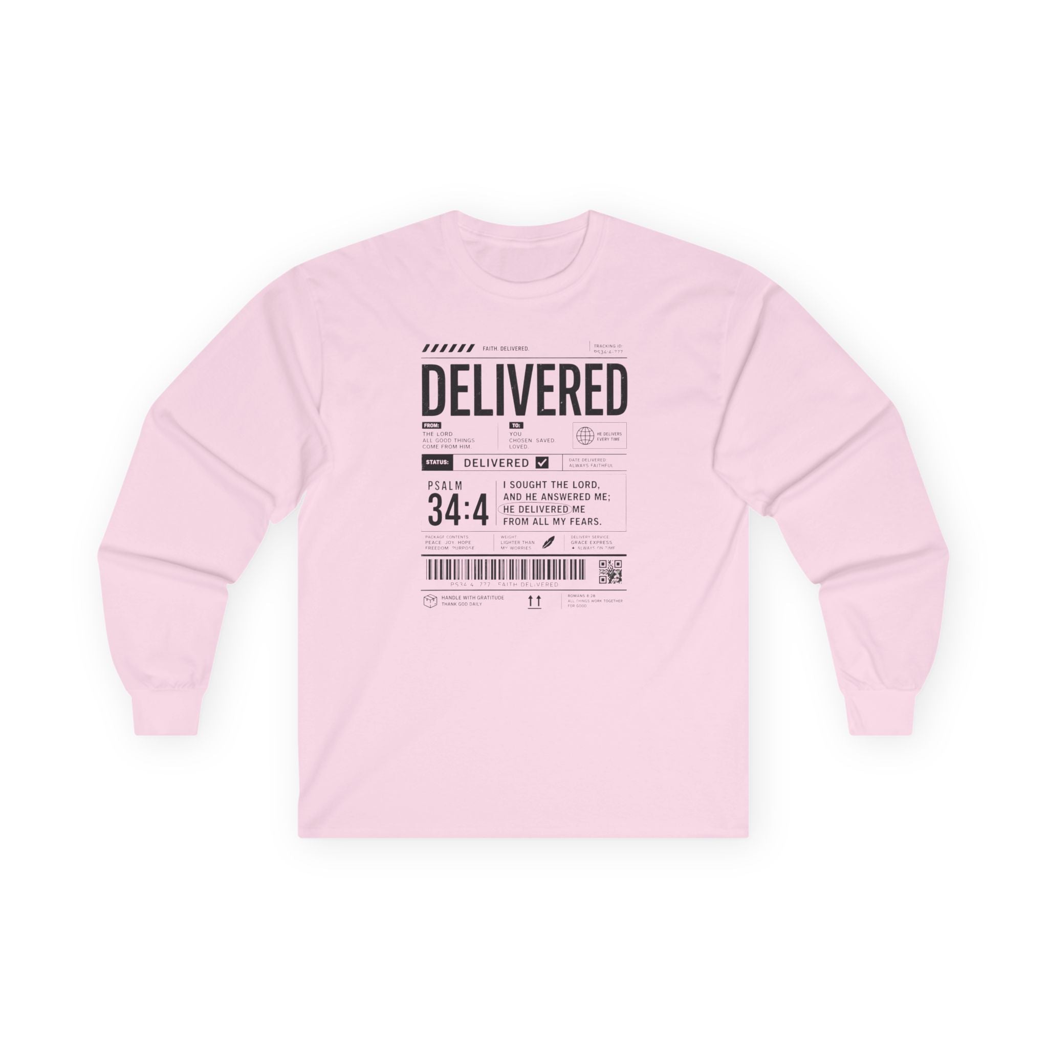 Long Sleeve Christian Tee — 'Delivered' Shipping Label Graphic