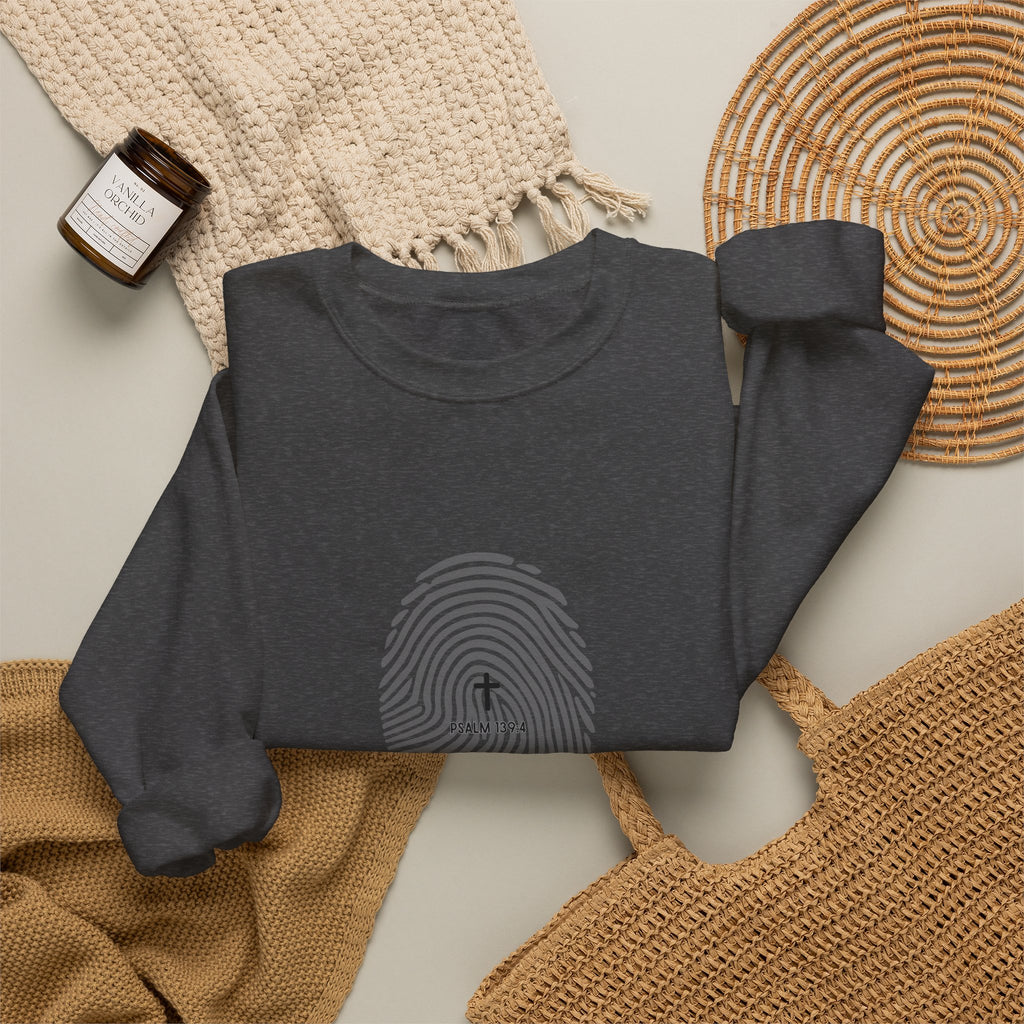 Christian Crewneck Sweatshirt "Heavenly Crafted" Fingerprint Pullover, Psalm 139 Identity Apparel, Unique Faith Graphic Sweatshirt