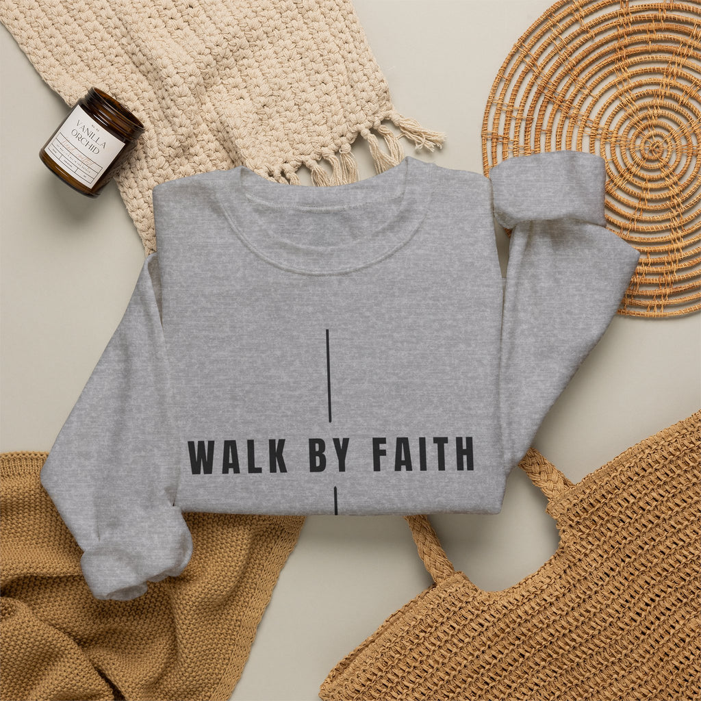 Christian Crewneck Sweatshirt "Walk By Faith" Pullover, 2 Corinthians 5:7 Apparel, Minimalist Faith Graphic Sweatshirt