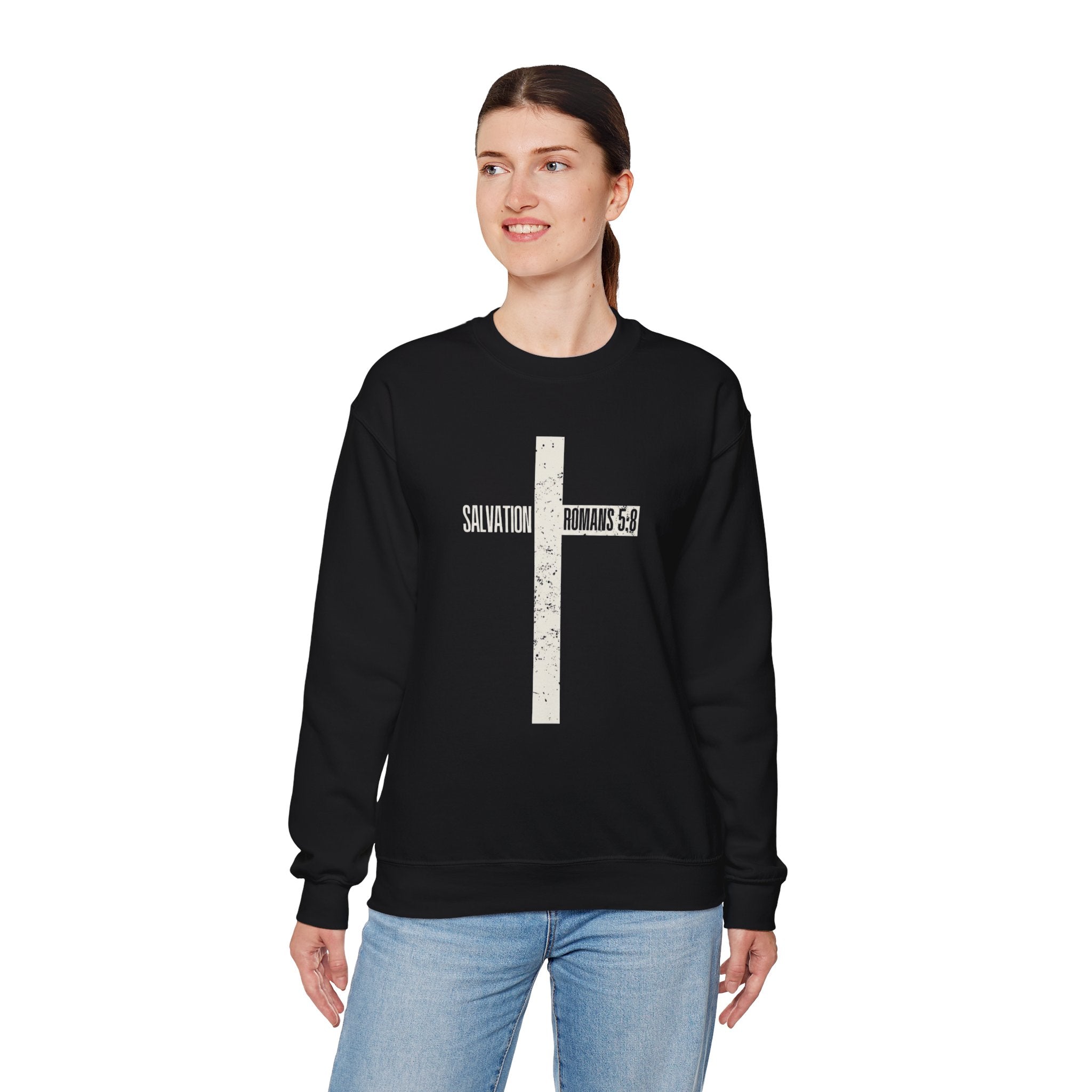 Christian Crewneck Sweatshirt "Salvation" Romans 5:8 Pullover, White Cross Graphic Apparel, Rustic Style Faith Sweatshirt
