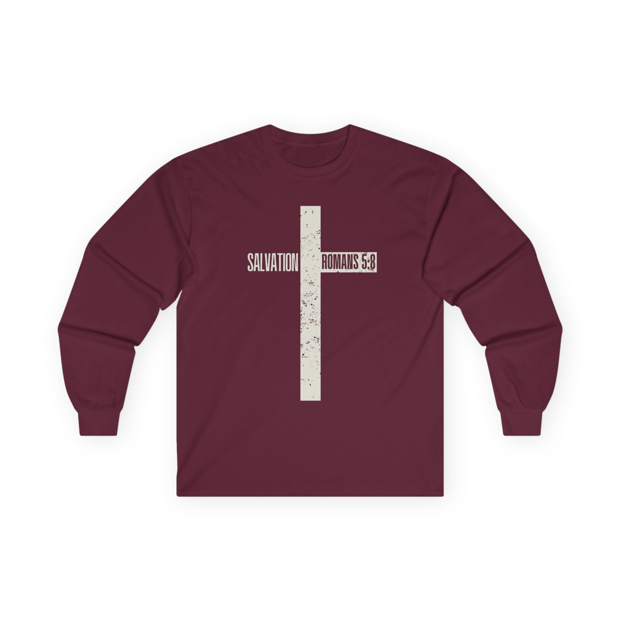 Salvation Cross Long Sleeve Tee — "Romans 5:8" Christian Faith Shirt