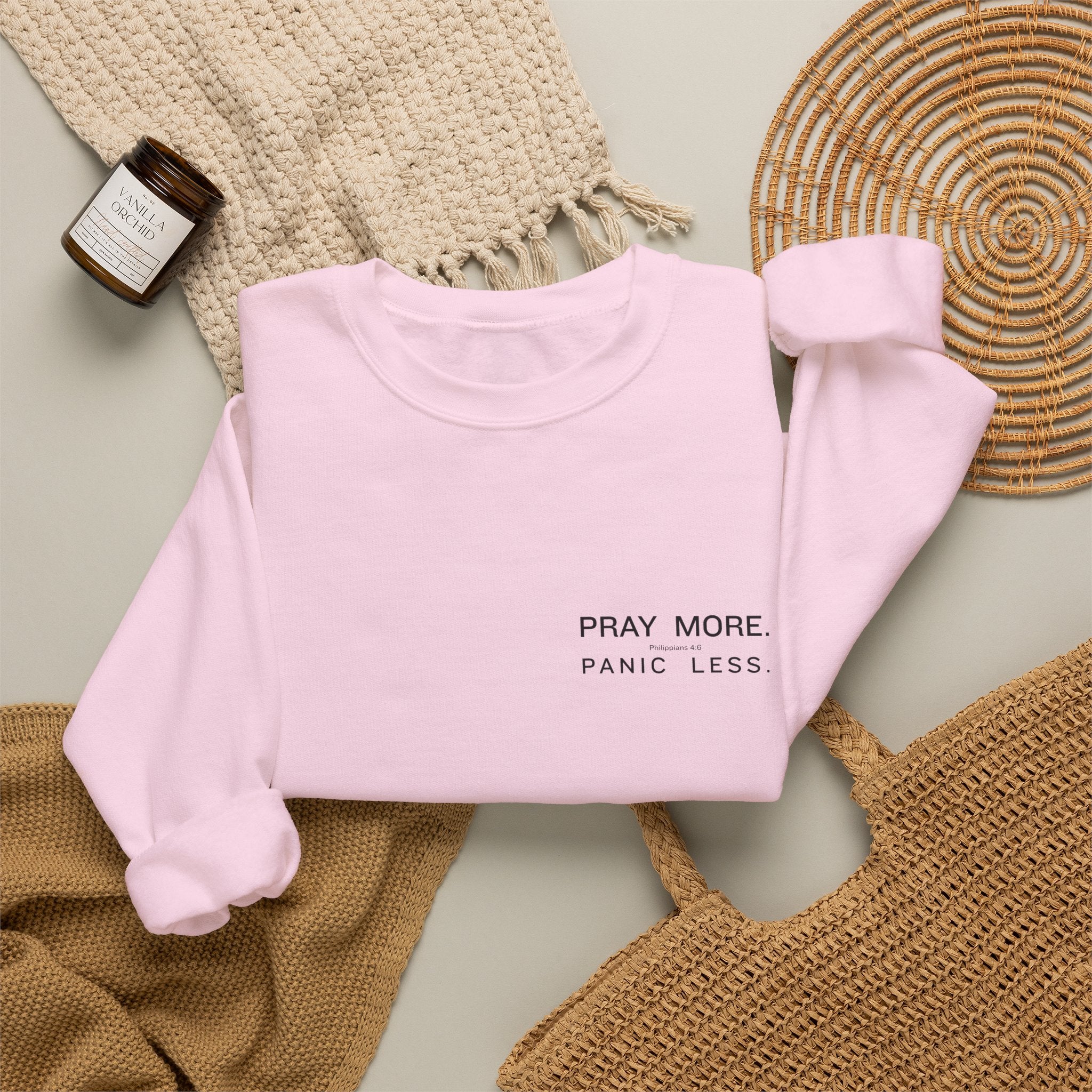 Prayer Graphic Sweatshirt — “Pray More, Panic Less” Crewneck