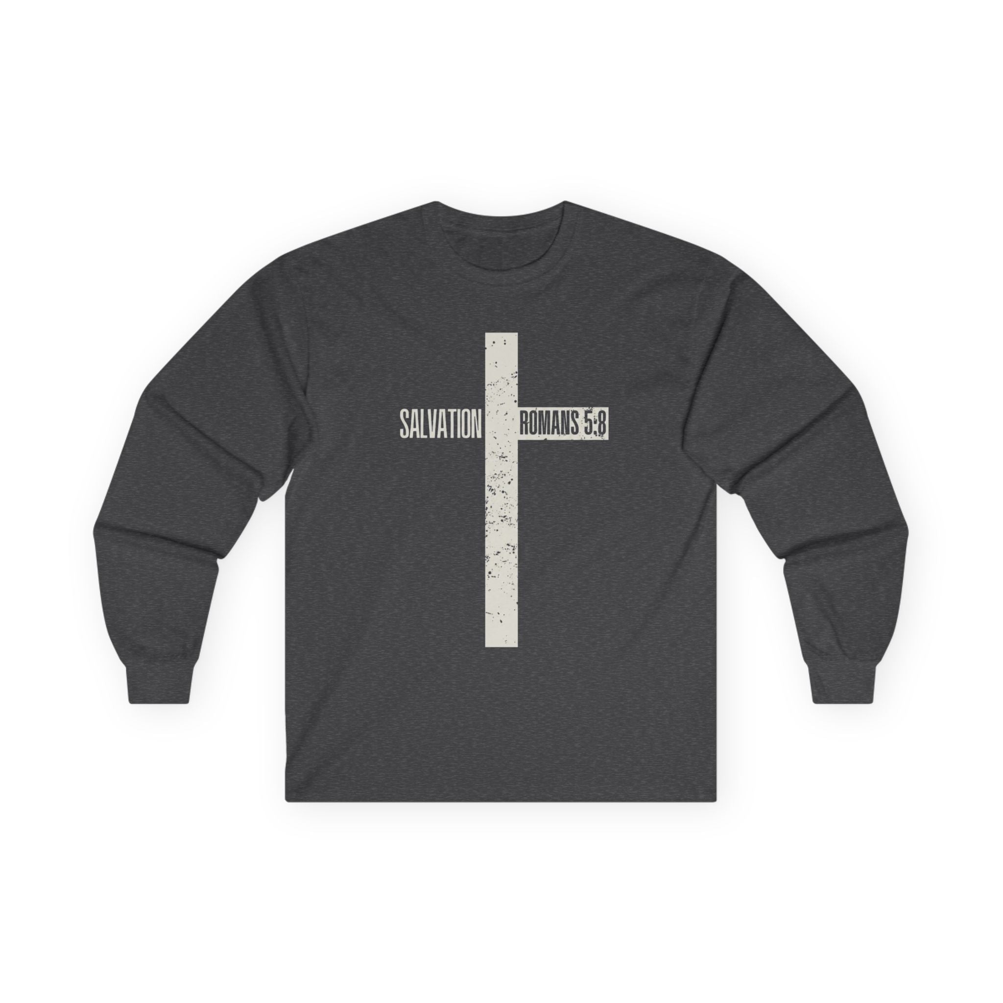 Salvation Cross Long Sleeve Tee — "Romans 5:8" Christian Faith Shirt