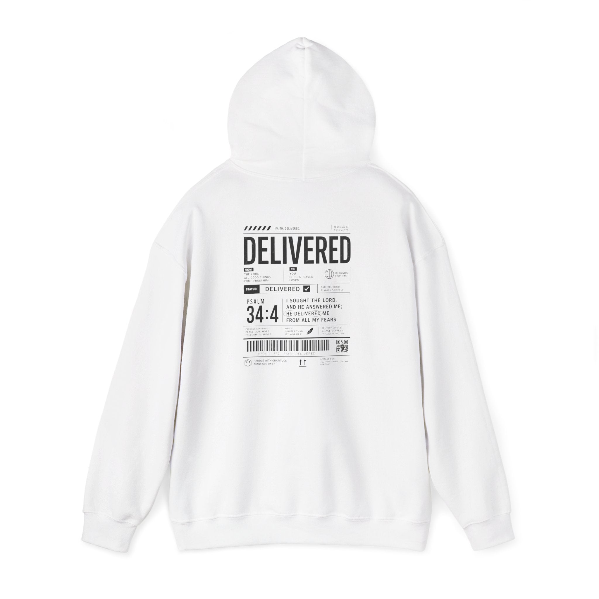 Christian Graphic Hoodie 'Delivered' Shipping Label Pullover, Faith-Based Streetwear Sweatshirt