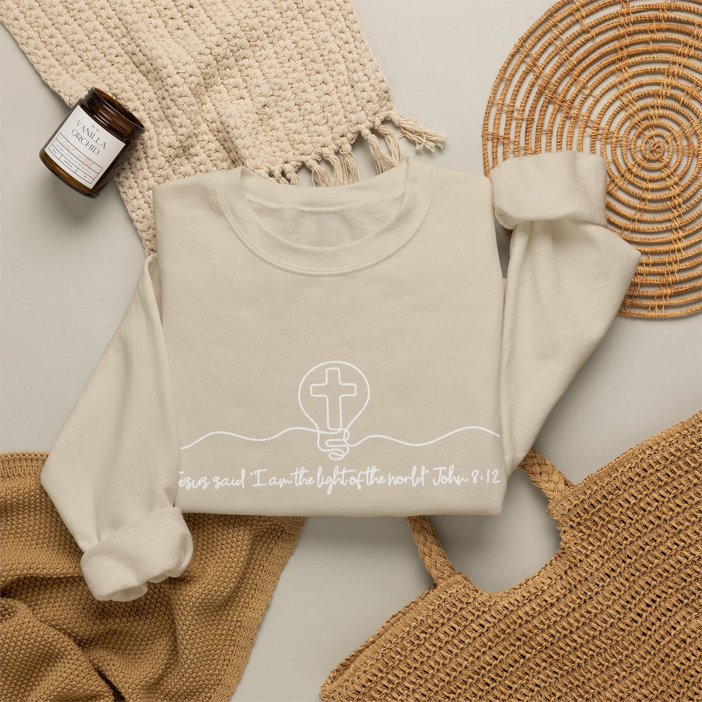 Christian Crewneck Sweatshirt "I AM the Light" Cross Pullover, John 8:12 Scripture Apparel, Faith Graphic Sweatshirt