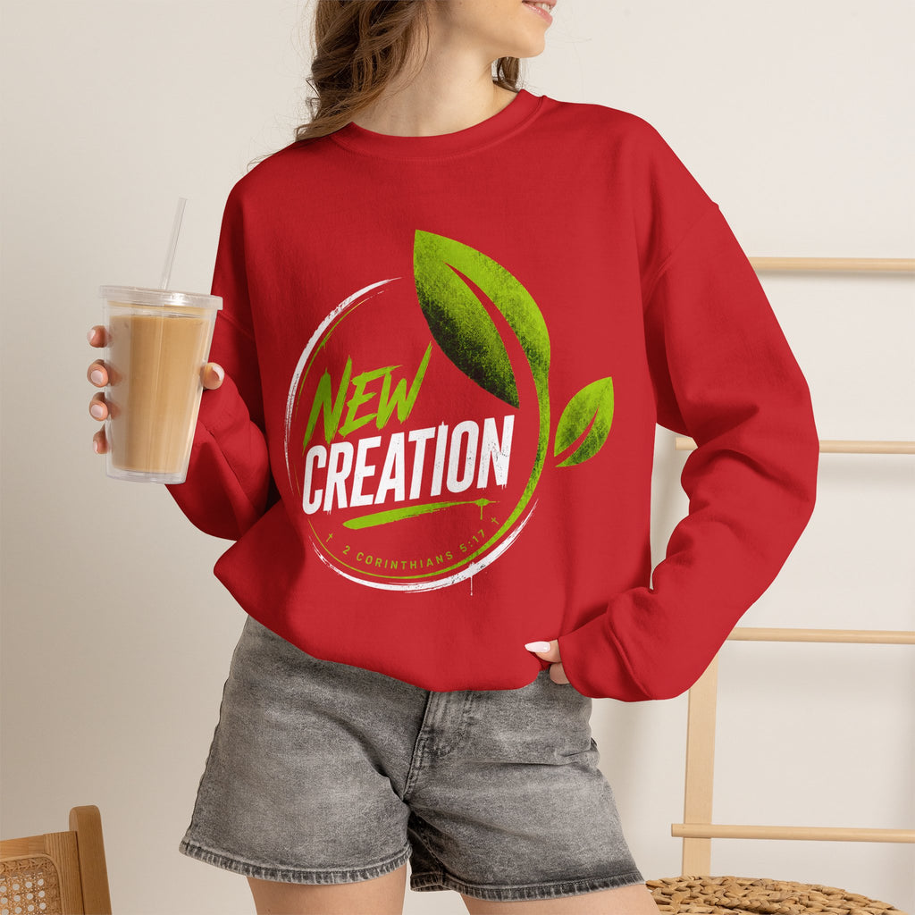 Christian Crewneck Sweatshirt "New Creation" Pullover, 2 Corinthians 5:17 Scripture Apparel, Green Leaf Graphic Sweatshirt