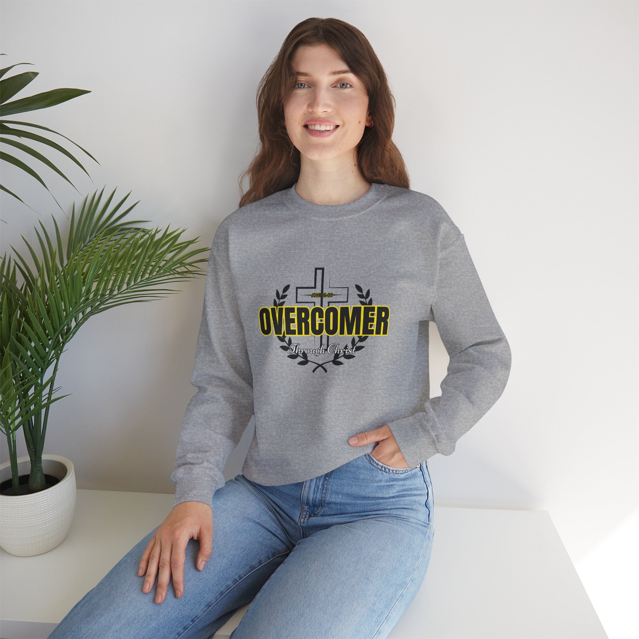 "Overcomer" Cross Graphic Crewneck – Unisex Minimalist Faith Pullover