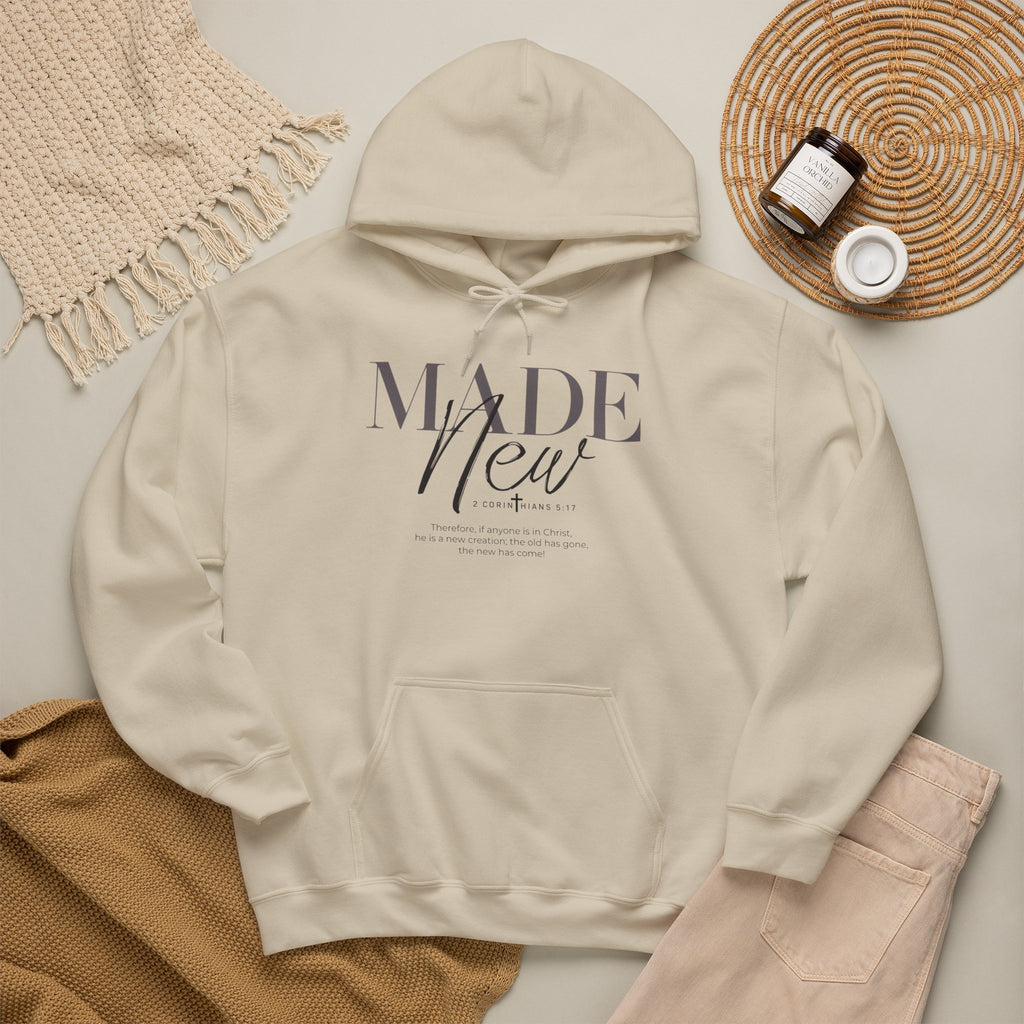 Minimalist Hoodie "Made New" Front Print Pullover, Inspirational Christian Sweatshirt, Aesthetic Faith Clothing