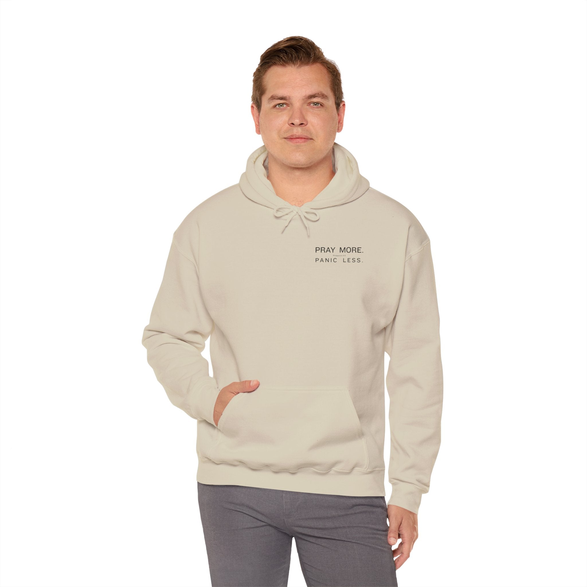 Minimal 'Pray More, Panic Less' Hoodie — Monochrome Graphic Back Print