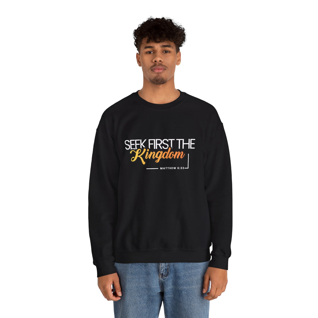 Christian Crewneck Sweatshirt "Seek First the Kingdom" Pullover, Matthew 6:33 Scripture Apparel, Inspirational Faith Graphic Sweatshirt