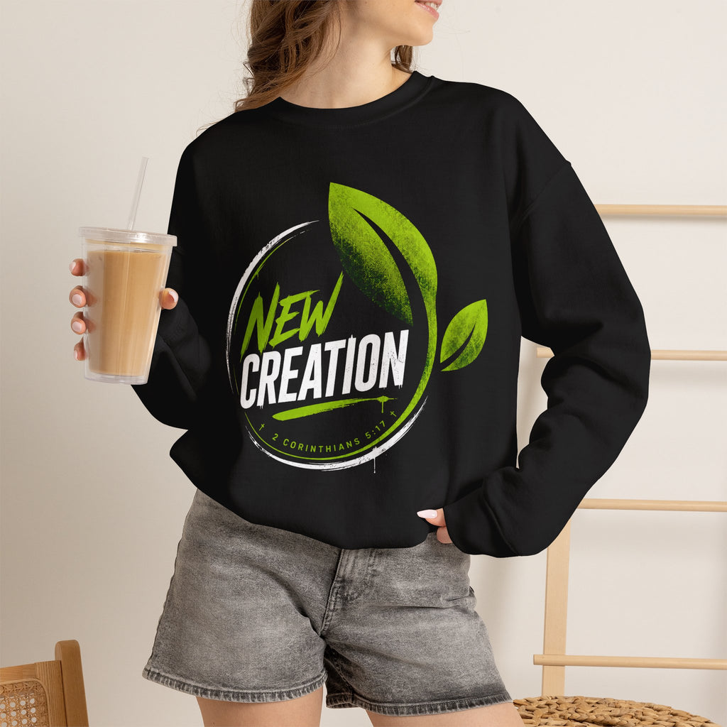 Christian Crewneck Sweatshirt "New Creation" Pullover, 2 Corinthians 5:17 Scripture Apparel, Green Leaf Graphic Sweatshirt