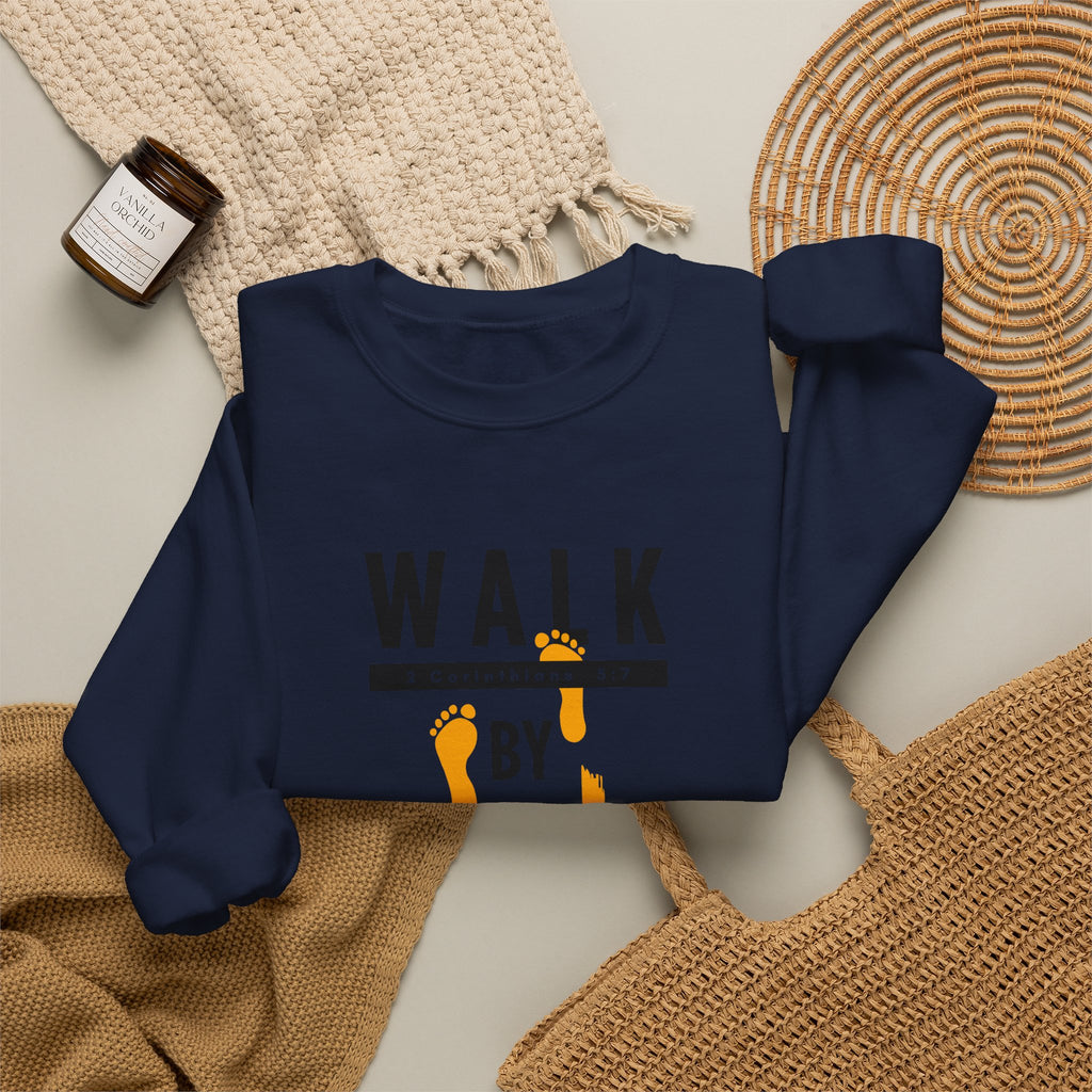 Christian Crewneck Sweatshirt "Walk By Faith" Pullover, 2 Corinthians 5:7 Apparel, Inspirational Faith Graphic Sweatshirt