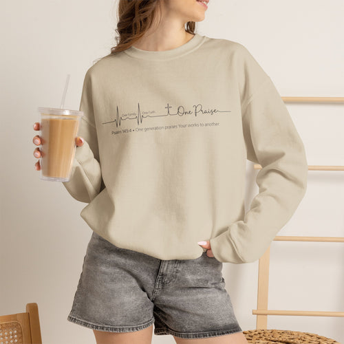Christian Crewneck Sweatshirt "One Family One Faith One Praise" Pullover, Minimalist Heartbeat Script Apparel, Religious Graphic Sweatshirt