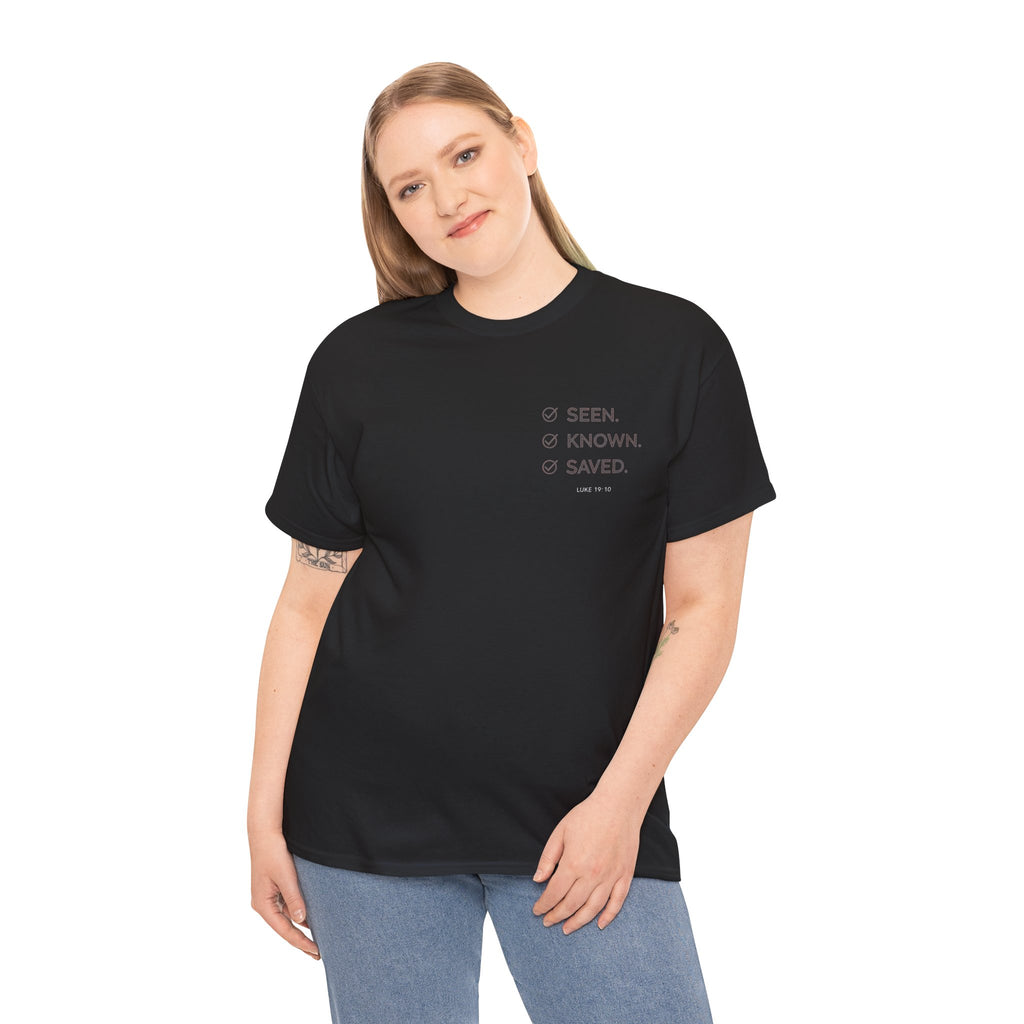 Black Text-Pattern T-Shirt — Seen Known Saved Christian Typography Graphic Tee