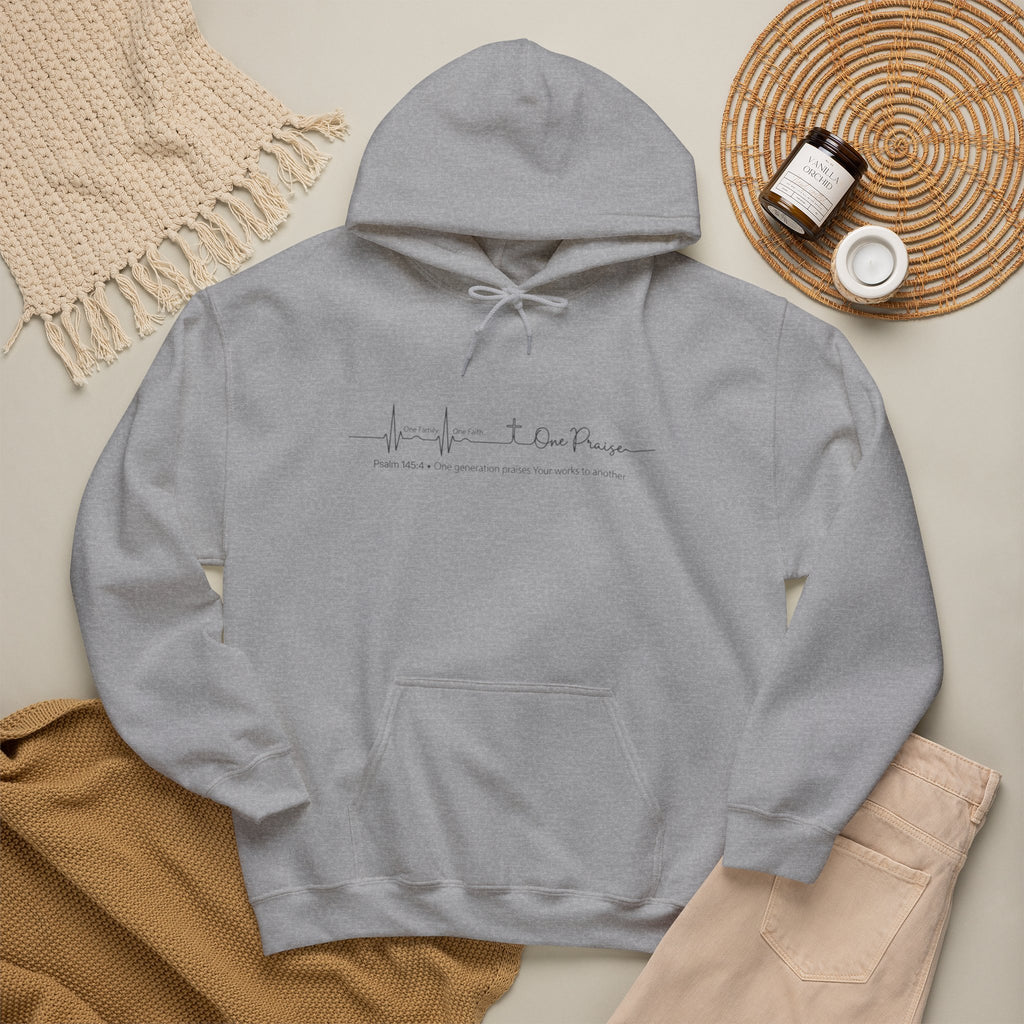 Hoodie "One Faith One Family One Praise" Minimal Heartbeat Faith Script - White Pullover