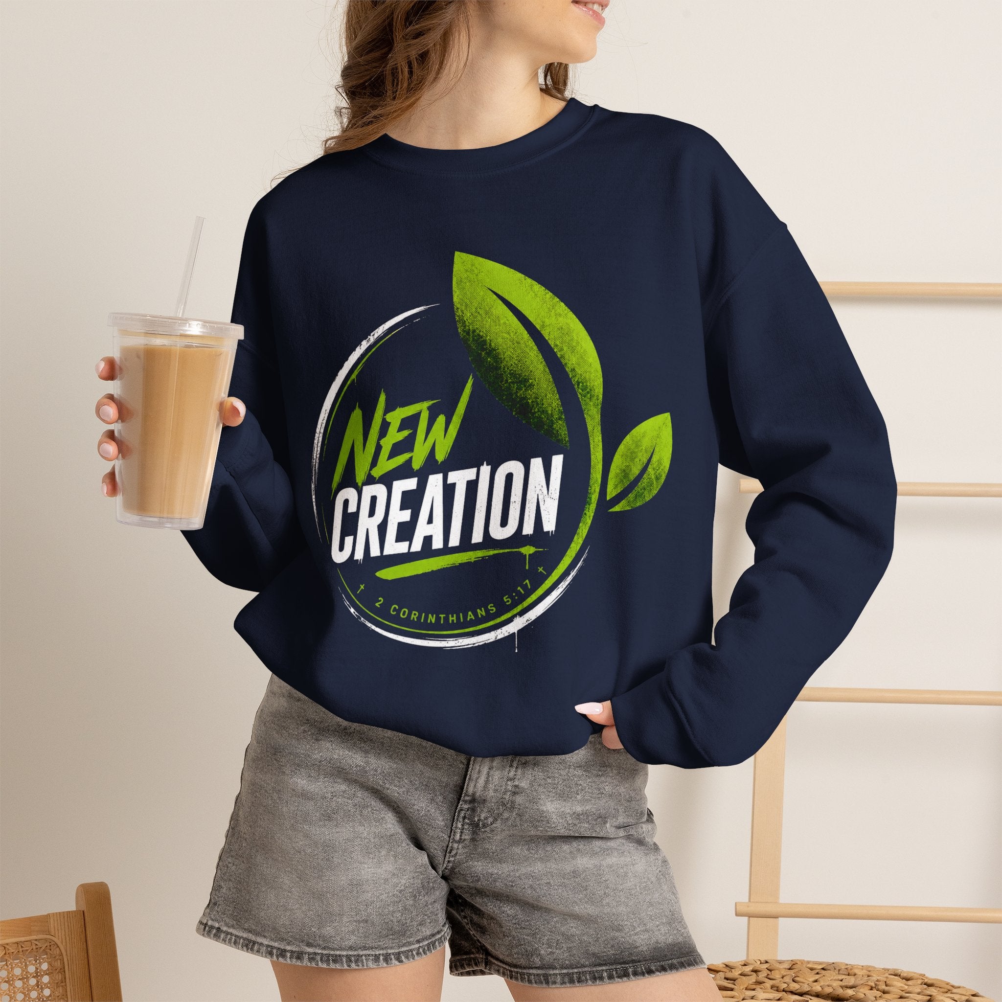 Christian Crewneck Sweatshirt "New Creation" Pullover, 2 Corinthians 5:17 Scripture Apparel, Green Leaf Graphic Sweatshirt