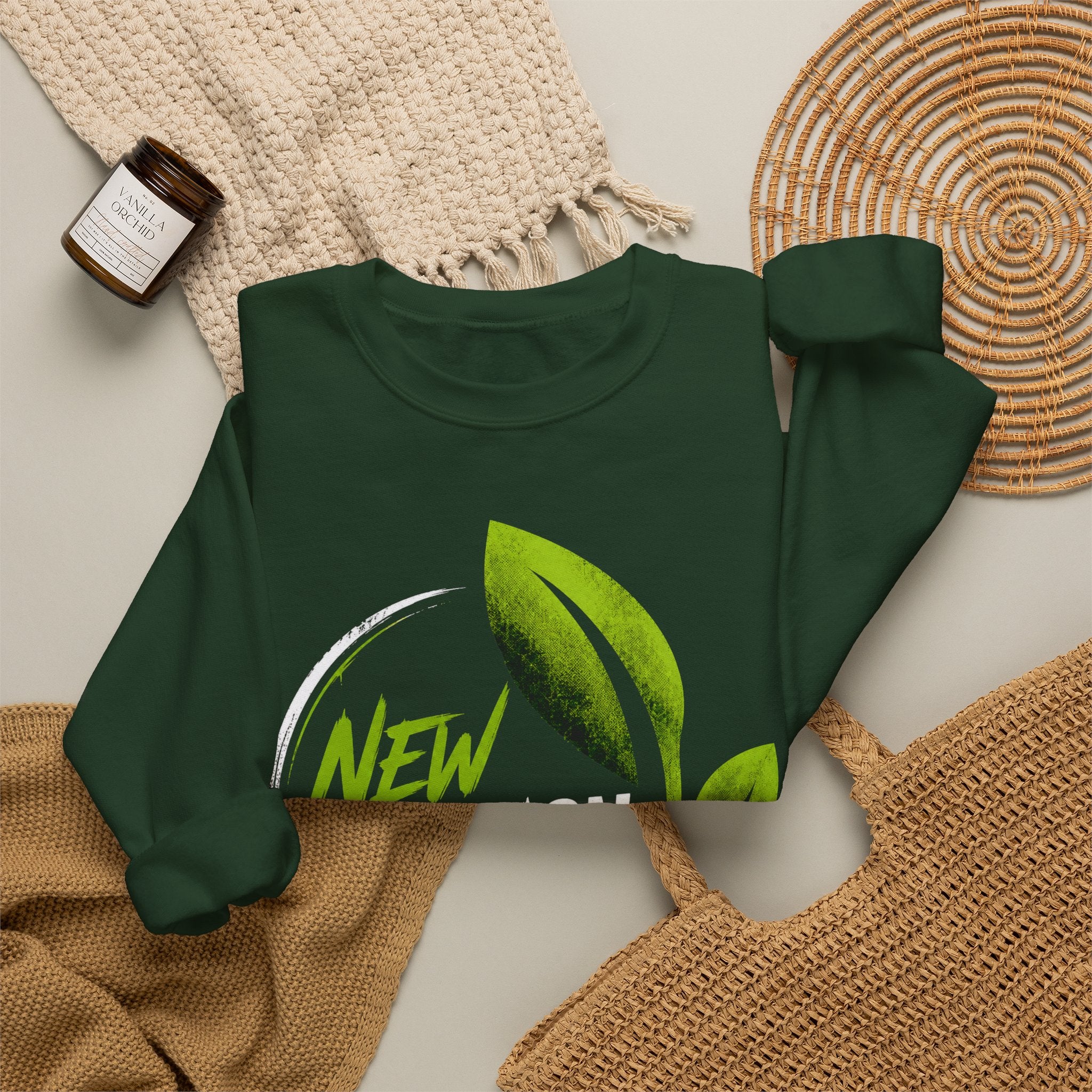 Christian Crewneck Sweatshirt "New Creation" Pullover, 2 Corinthians 5:17 Scripture Apparel, Green Leaf Graphic Sweatshirt