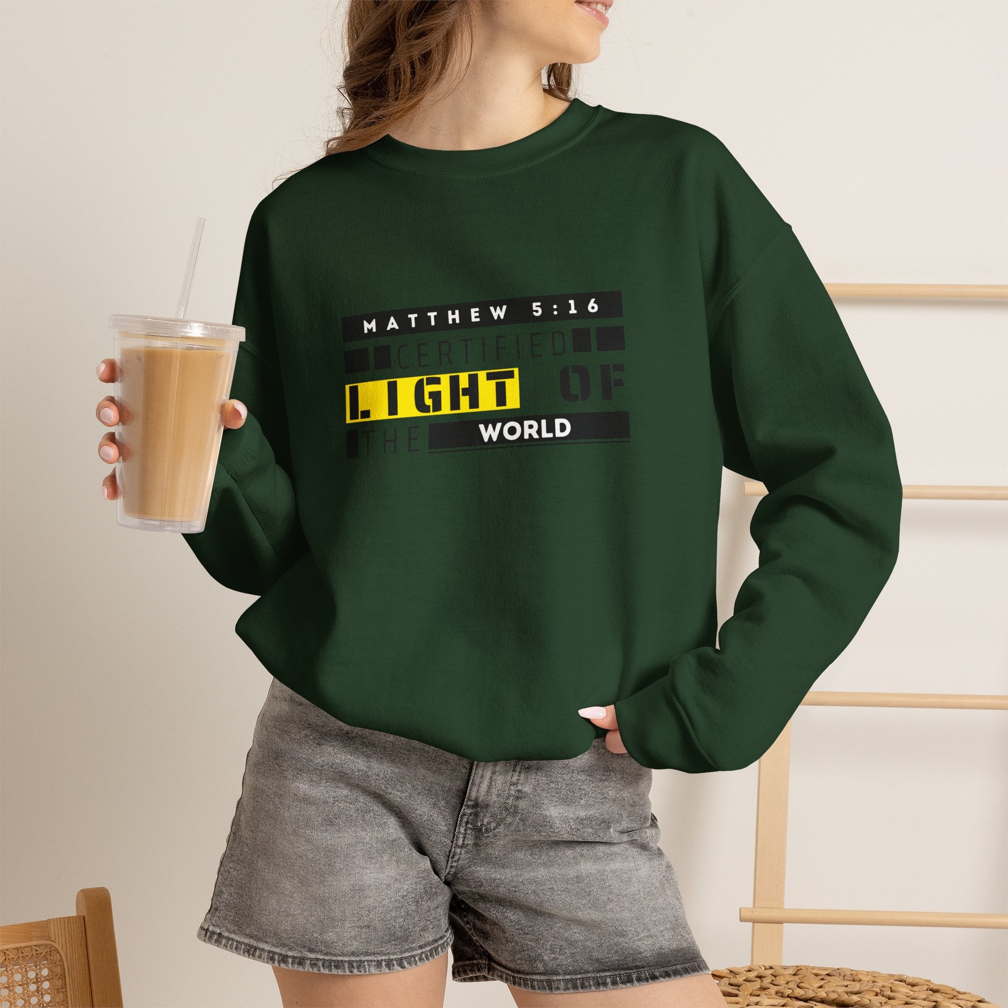 Christian Crewneck Sweatshirt "Certified Light of the World" Pullover, Matthew 5:14 Scripture Apparel, Trendy Faith Graphic Sweatshirt
