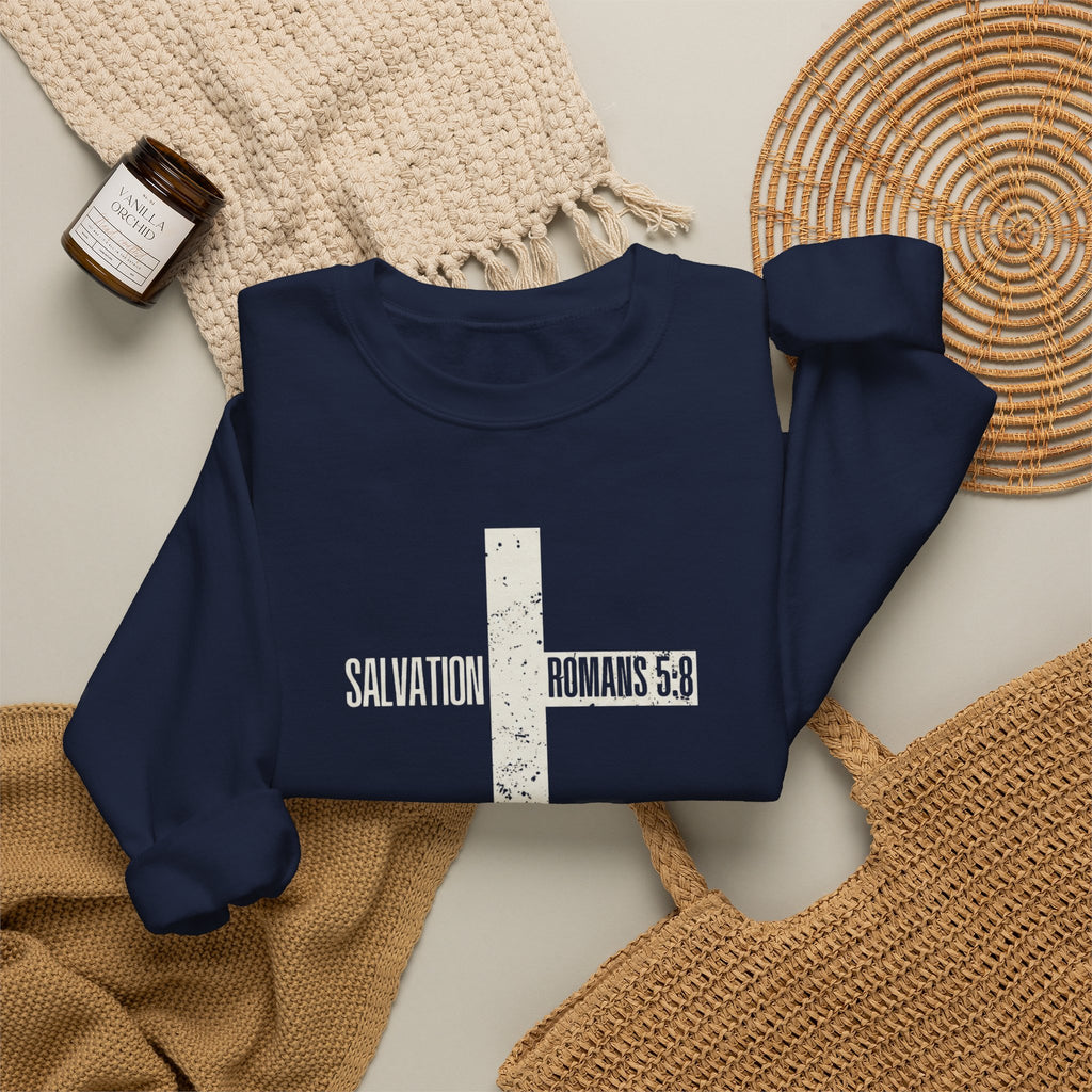 Christian Crewneck Sweatshirt "Salvation" Romans 5:8 Pullover, White Cross Graphic Apparel, Rustic Style Faith Sweatshirt
