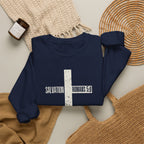 Christian Crewneck Sweatshirt "Salvation" Romans 5:8 Pullover, White Cross Graphic Apparel, Rustic Style Faith Sweatshirt