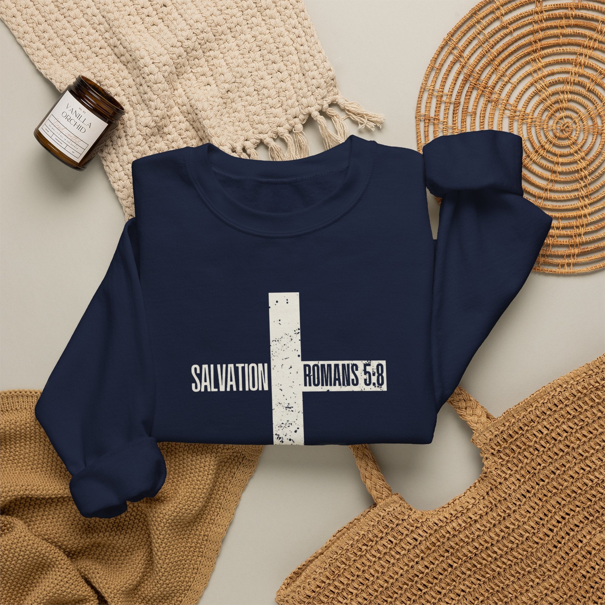 Christian Crewneck Sweatshirt "Salvation" Romans 5:8 Pullover, White Cross Graphic Apparel, Rustic Style Faith Sweatshirt
