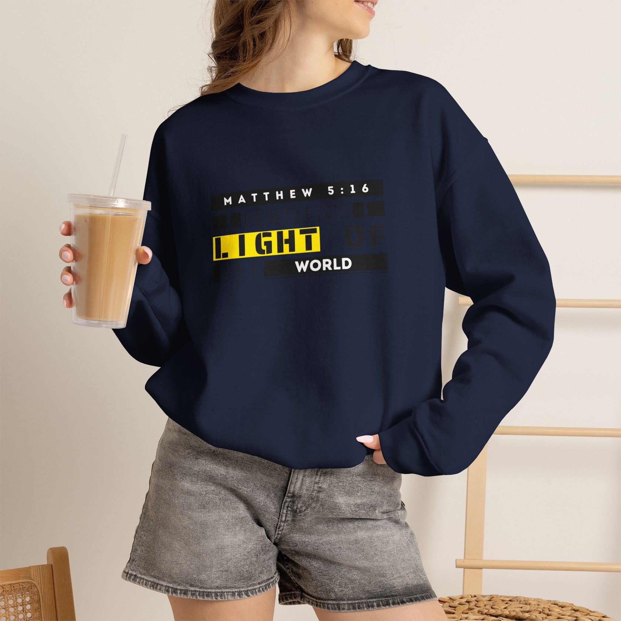 Christian Crewneck Sweatshirt "Certified Light of the World" Pullover, Matthew 5:14 Scripture Apparel, Trendy Faith Graphic Sweatshirt