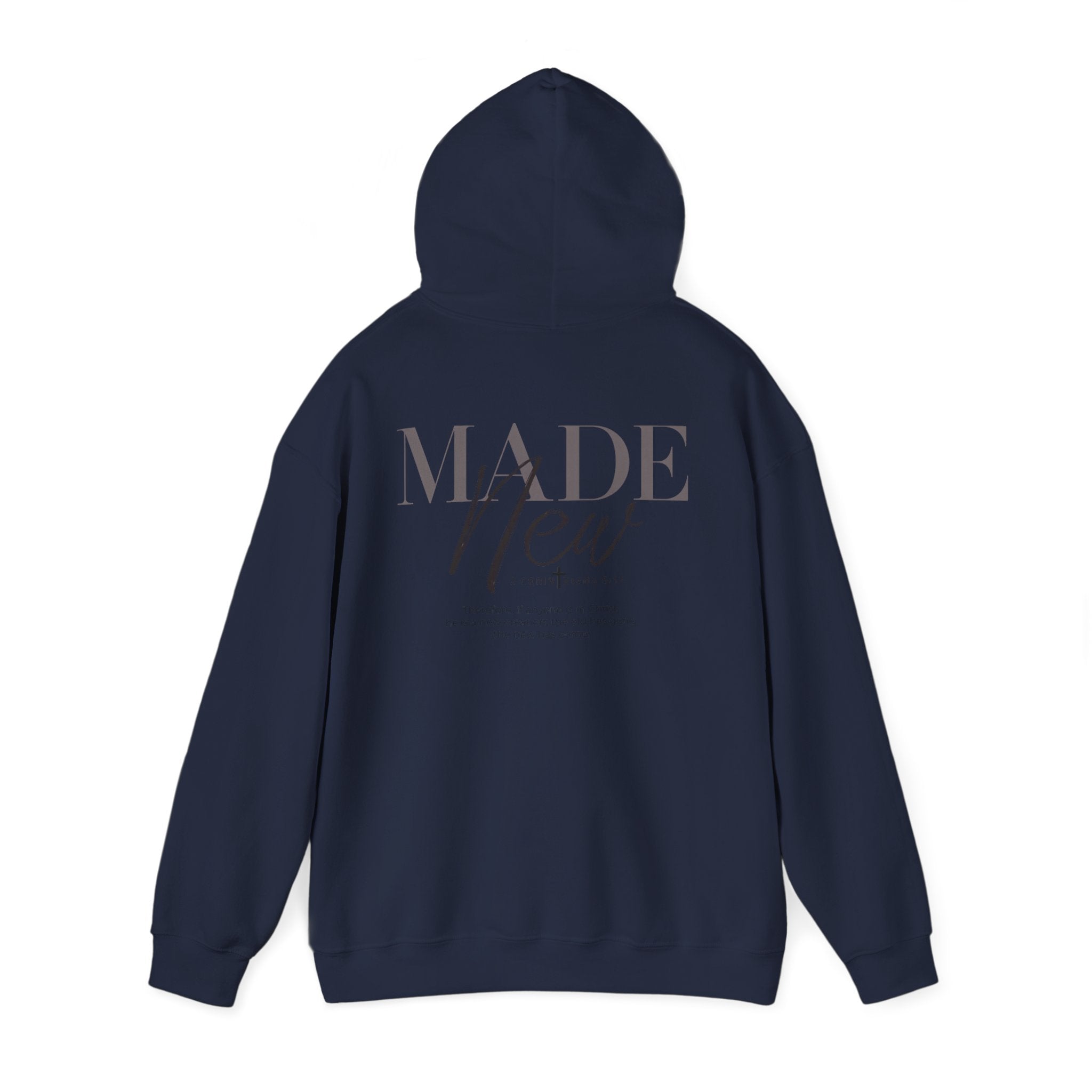 Inspirational Hoodie "Made New" Back Print Pullover, Christian Faith Sweatshirt, Minimalist Graphic Streetwear