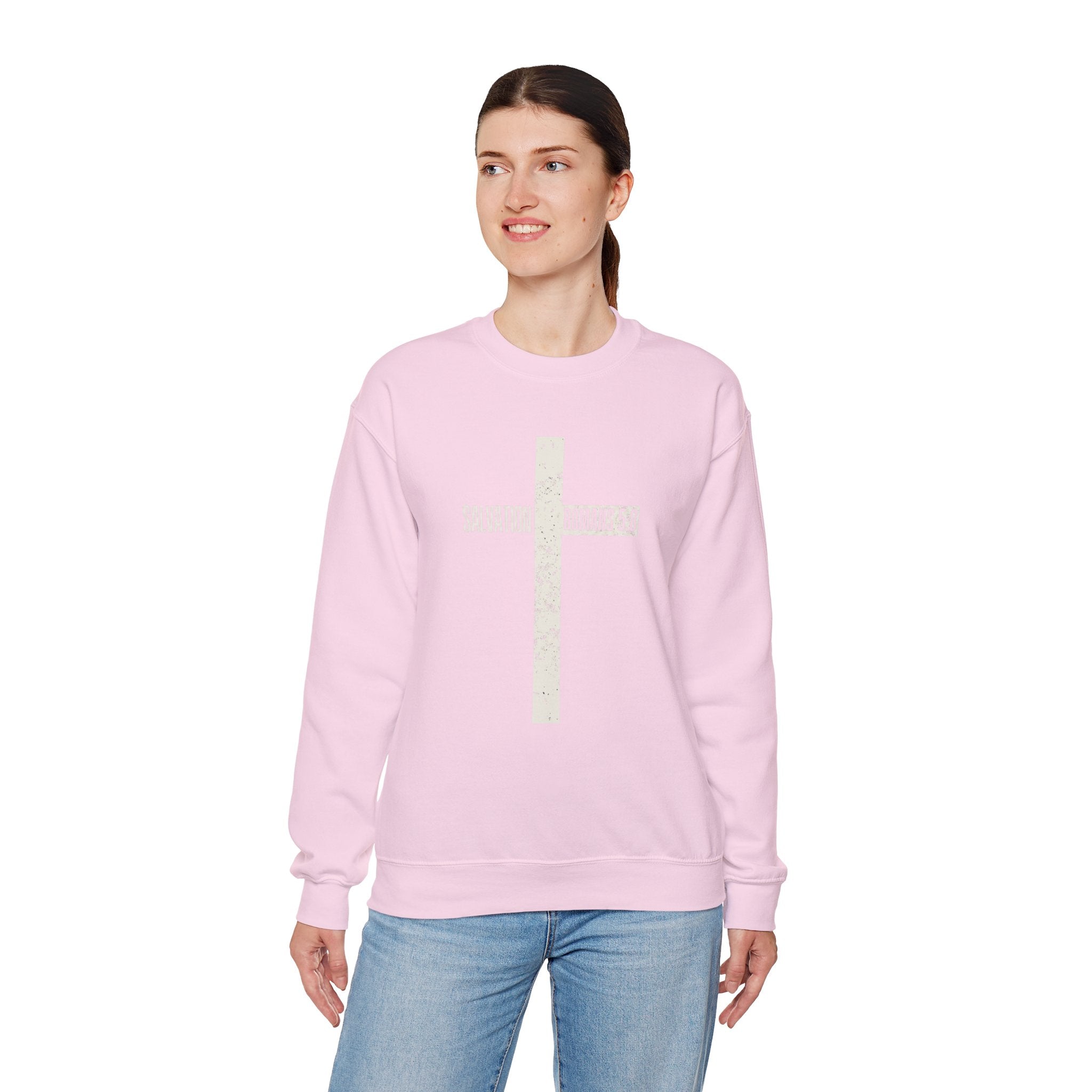 Christian Crewneck Sweatshirt "Salvation" Romans 5:8 Pullover, White Cross Graphic Apparel, Rustic Style Faith Sweatshirt