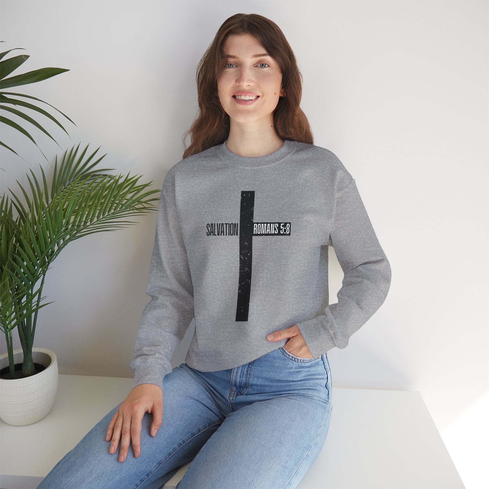 Christian Crewneck Sweatshirt "Salvation" Romans 5:8 Pullover, Jesus Cross Apparel, Faith Grace Graphic Sweatshirt