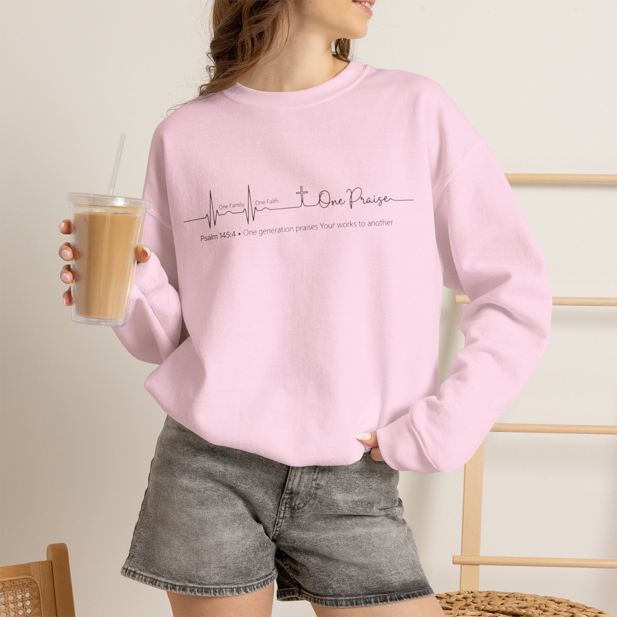 Christian Crewneck Sweatshirt "One Family One Faith One Praise" Pullover, Minimalist Heartbeat Script Apparel, Religious Graphic Sweatshirt