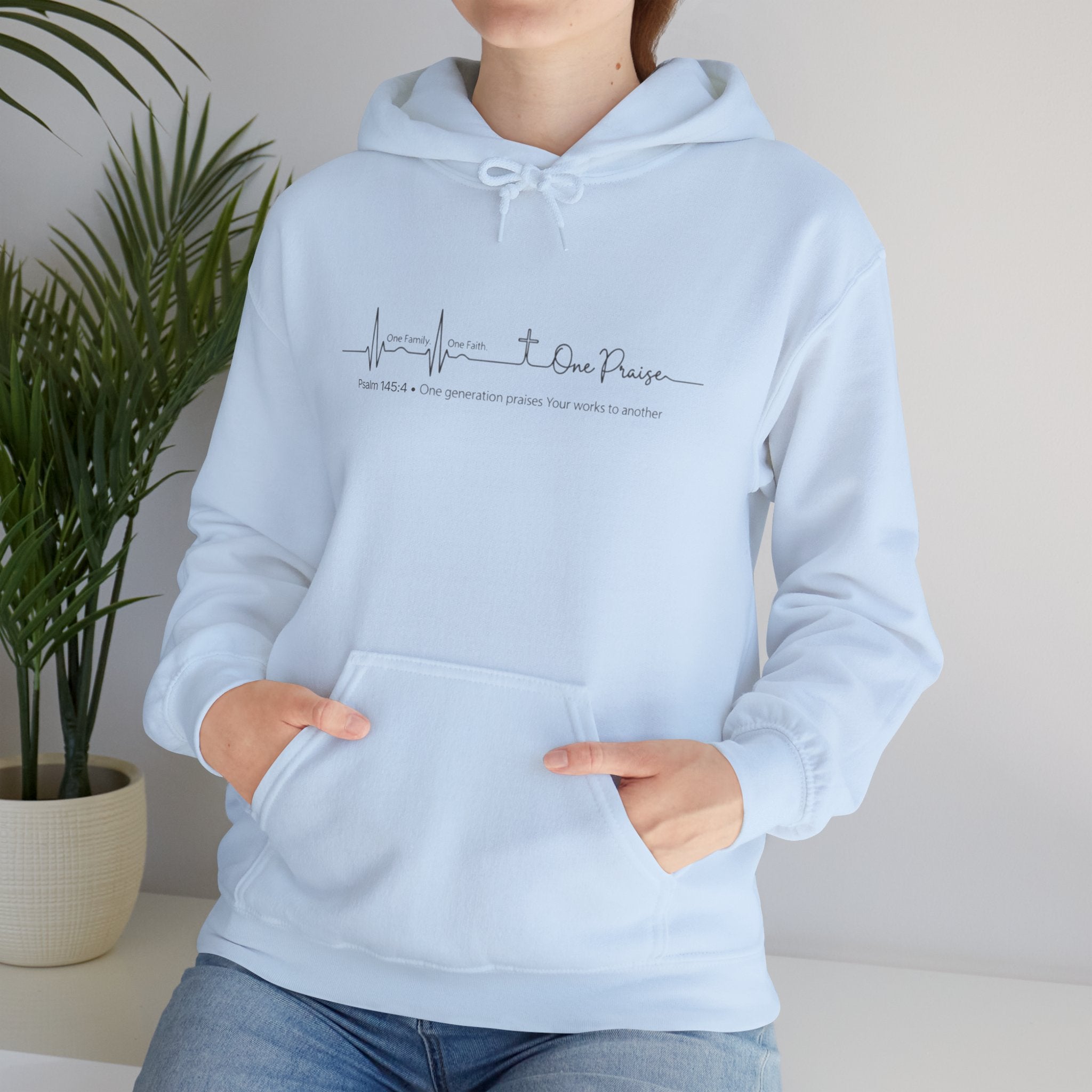 Hoodie "One Faith One Family One Praise" Minimal Heartbeat Faith Script - White Pullover