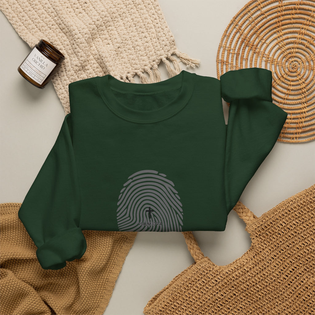 Christian Crewneck Sweatshirt "Heavenly Crafted" Fingerprint Pullover, Psalm 139 Identity Apparel, Unique Faith Graphic Sweatshirt