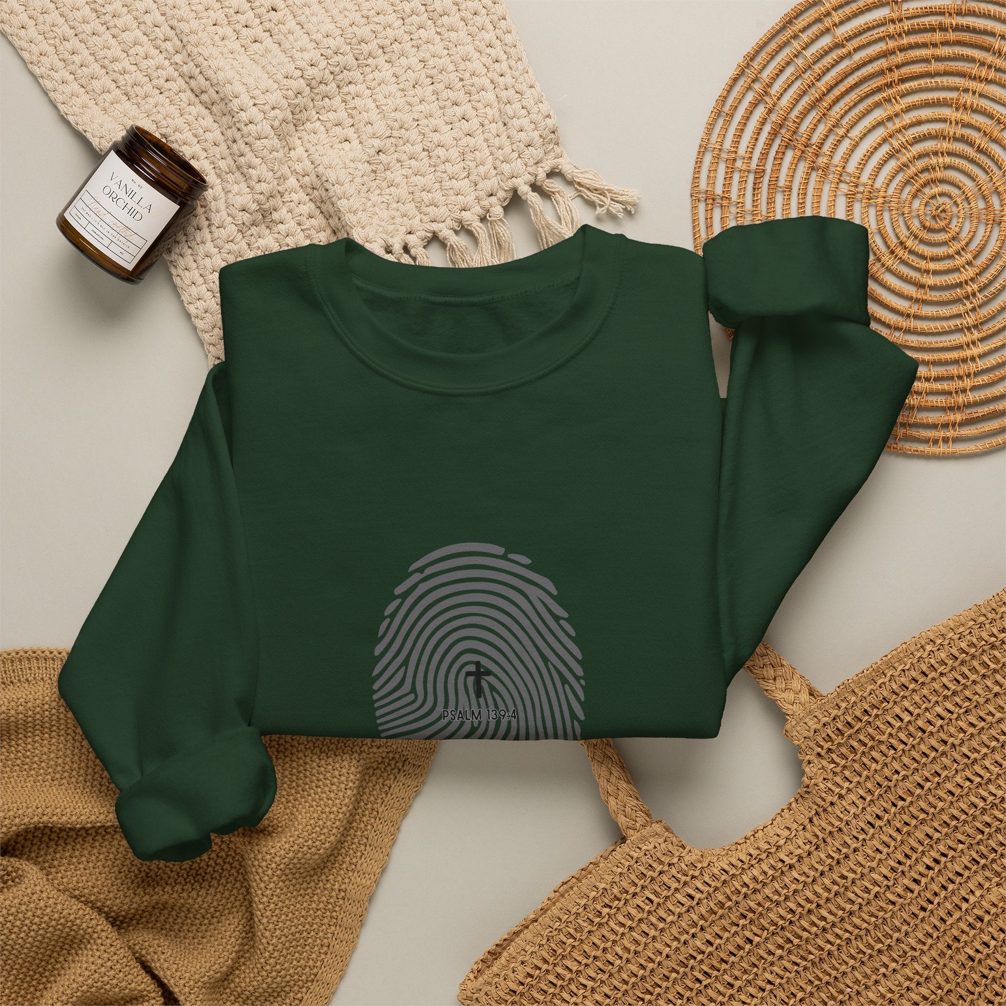 Christian Crewneck Sweatshirt "Heavenly Crafted" Fingerprint Pullover, Psalm 139 Identity Apparel, Unique Faith Graphic Sweatshirt