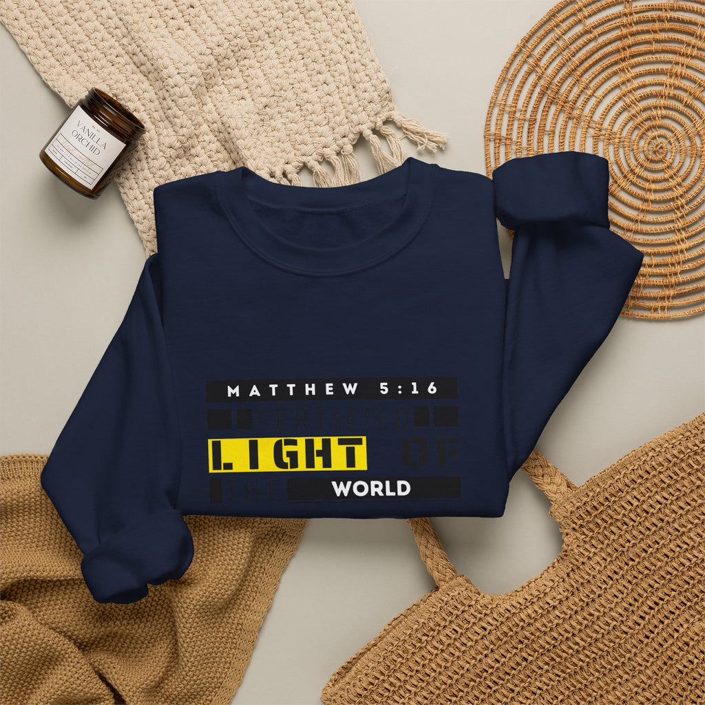 Christian Crewneck Sweatshirt "Certified Light of the World" Pullover, Matthew 5:14 Scripture Apparel, Trendy Faith Graphic Sweatshirt