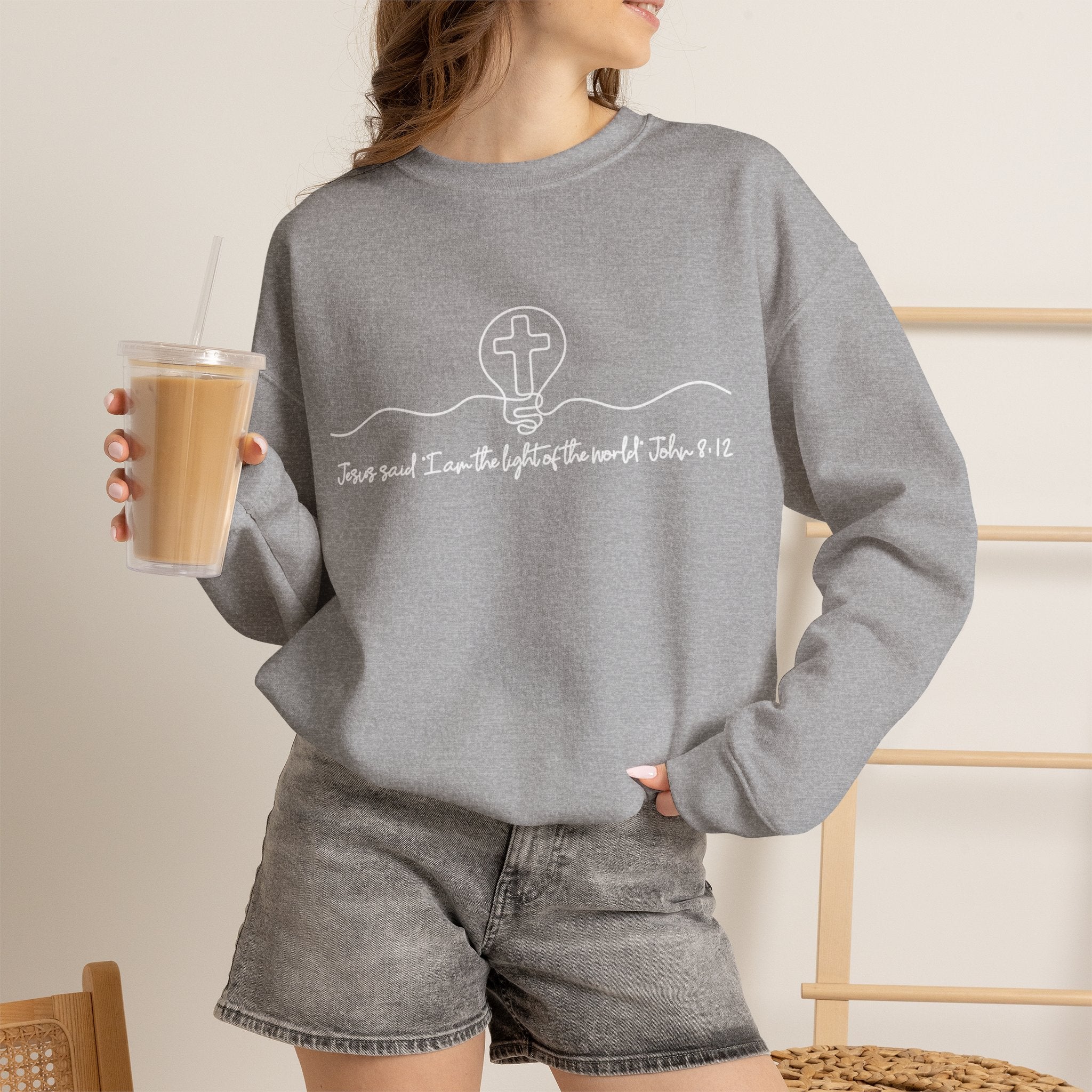 Christian Crewneck Sweatshirt "I AM the Light" Cross Pullover, John 8:12 Scripture Apparel, Faith Graphic Sweatshirt