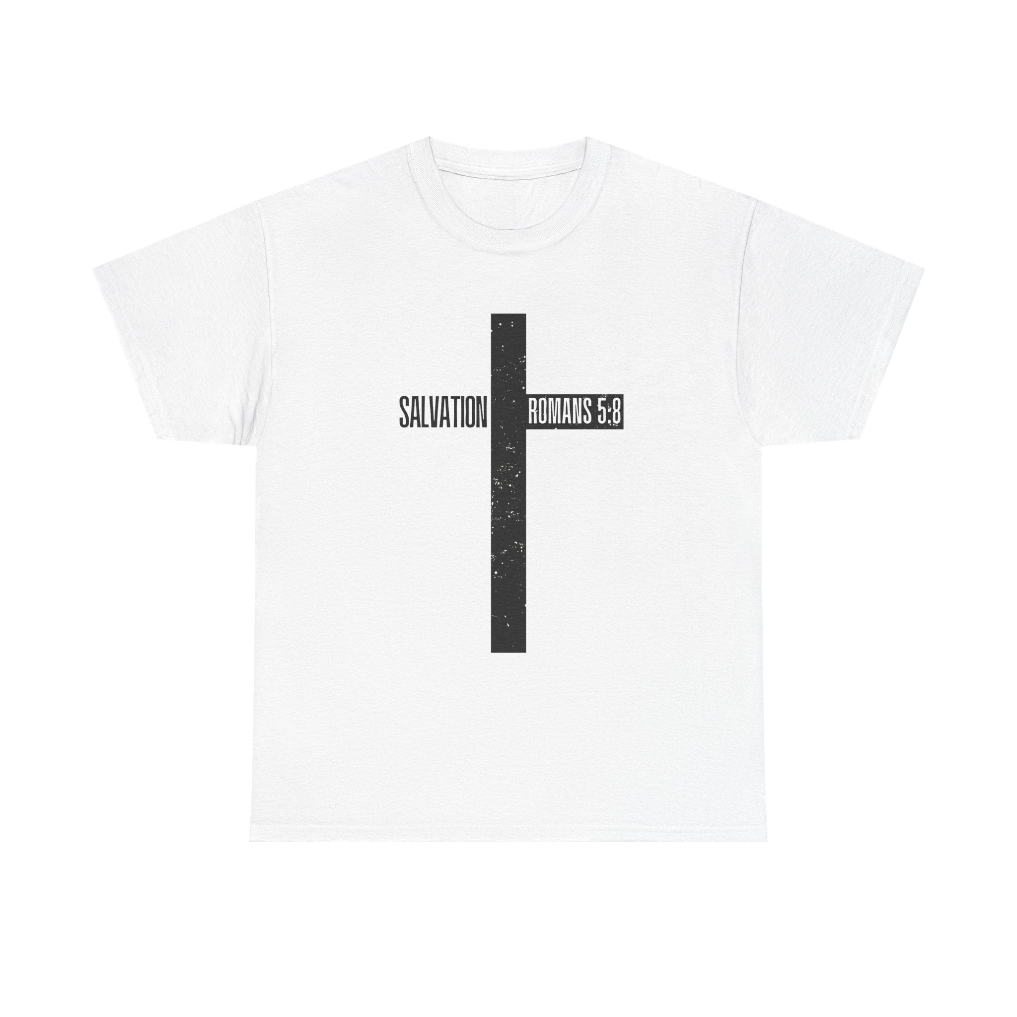 Christian Cross T-Shirt — "Salvation Romans 5:8" Faith Tee