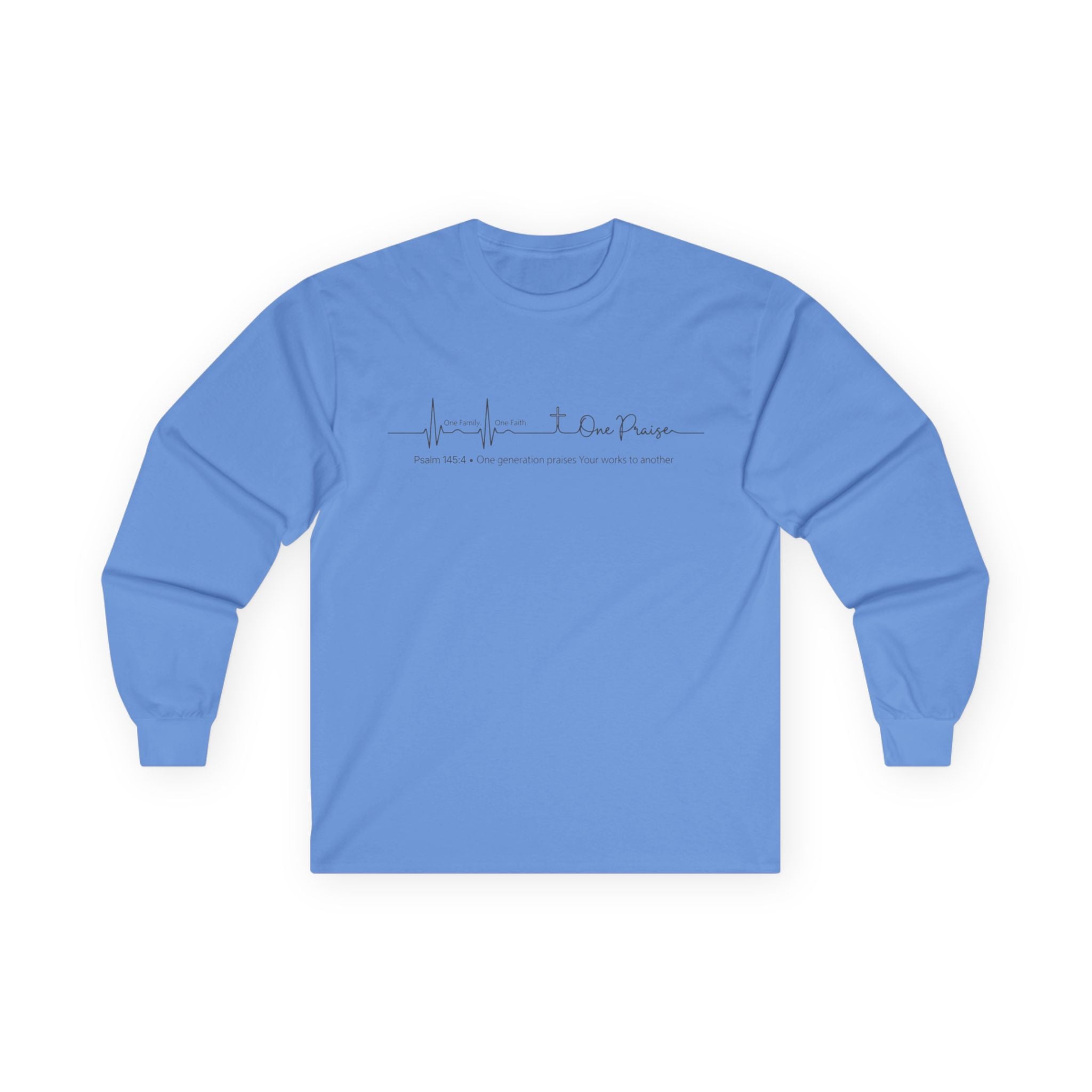 Long Sleeve Tee — Hope Heartbeat Cross "One Faith One Family One Praise" Minimalist Christian Shirt