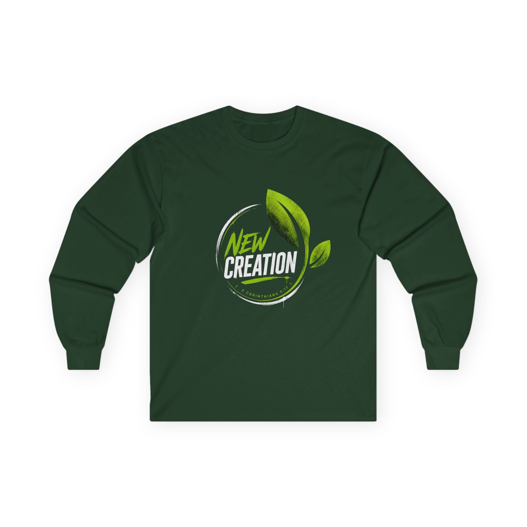 New Creation Long Sleeve Christian Tee — Green Leaf Faith Graphic
