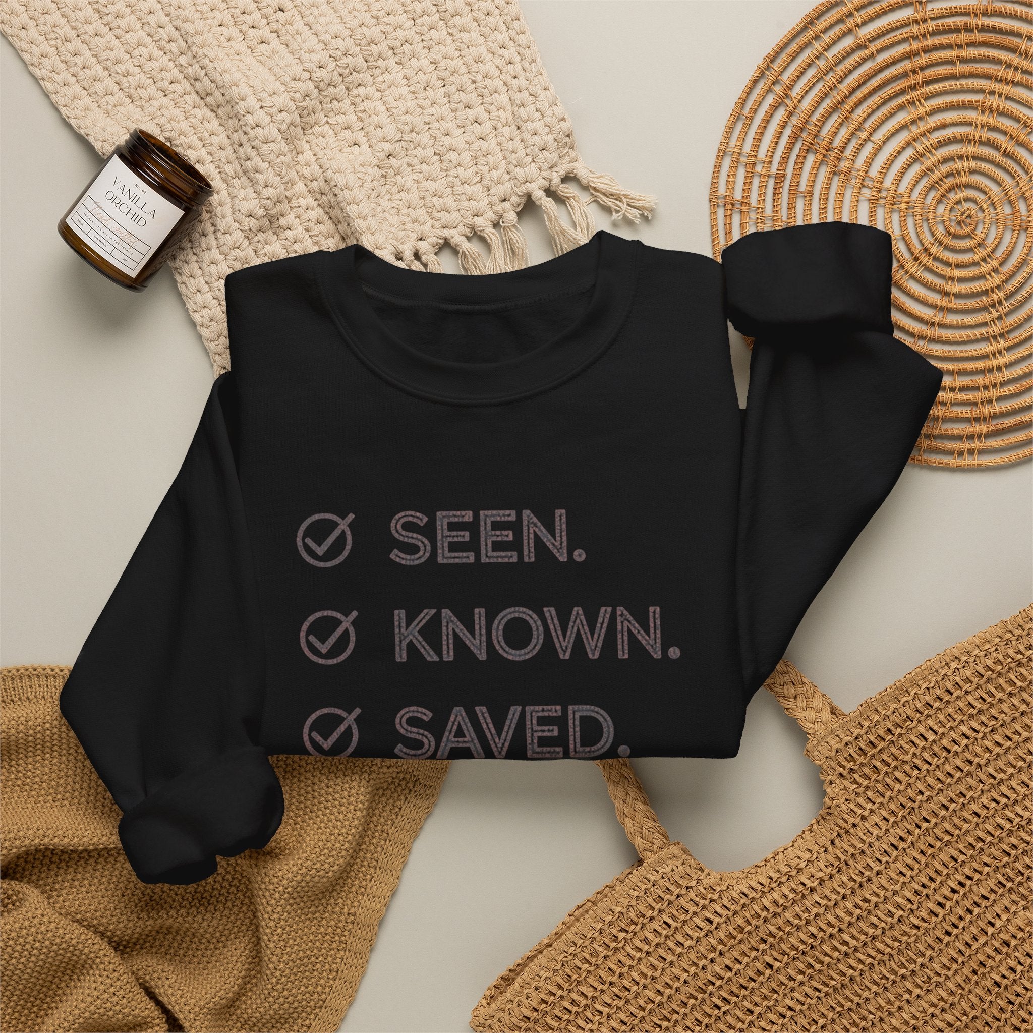 Christian Crewneck Sweatshirt "Seen Known Saved" Pullover, Gospel Faith Message Apparel, Inspirational Religious Sweatshirt