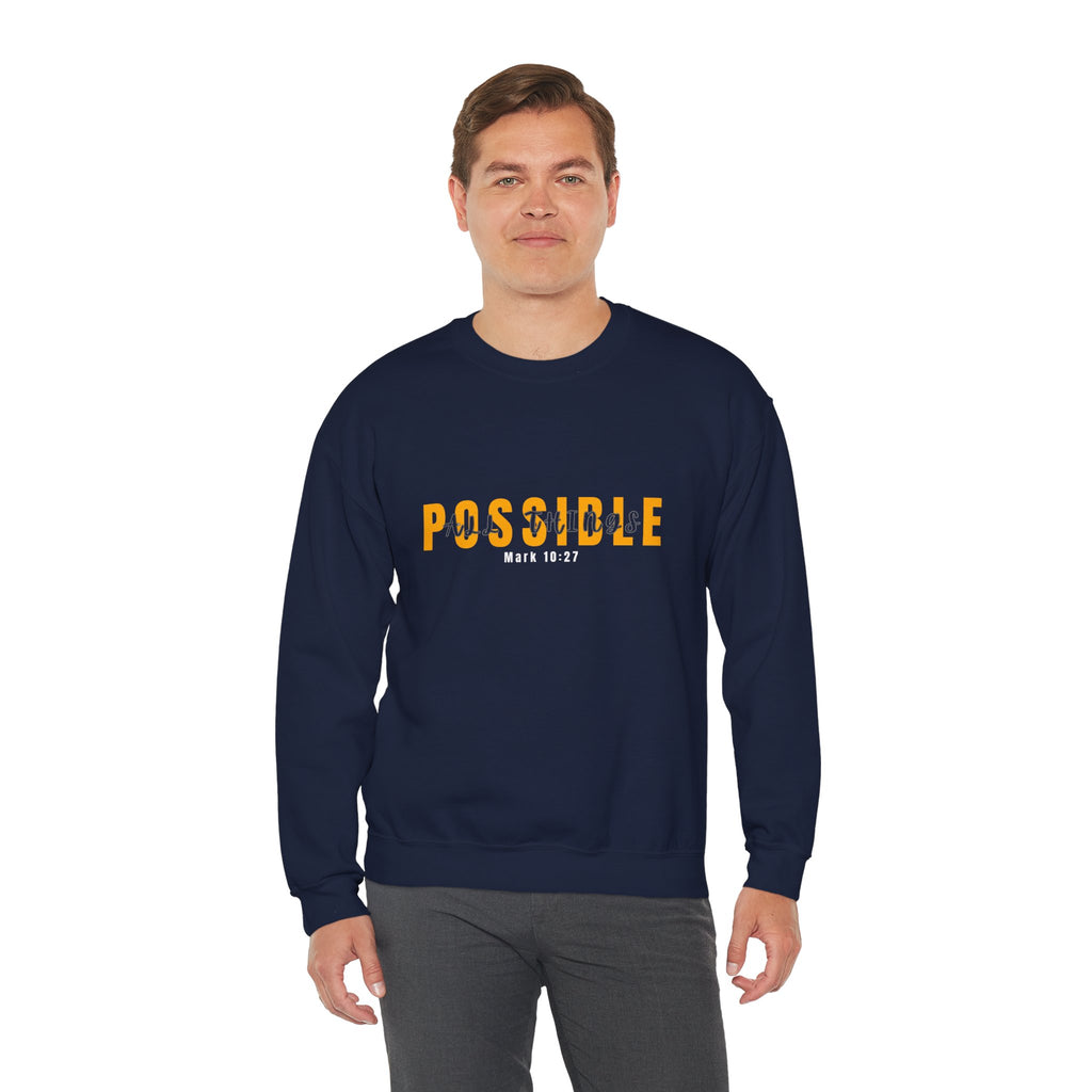 Christian Crewneck Sweatshirt "Possible" Pullover, Mark 10:27 Scripture Apparel, All Things Are Possible Faith Graphic Sweatshirt
