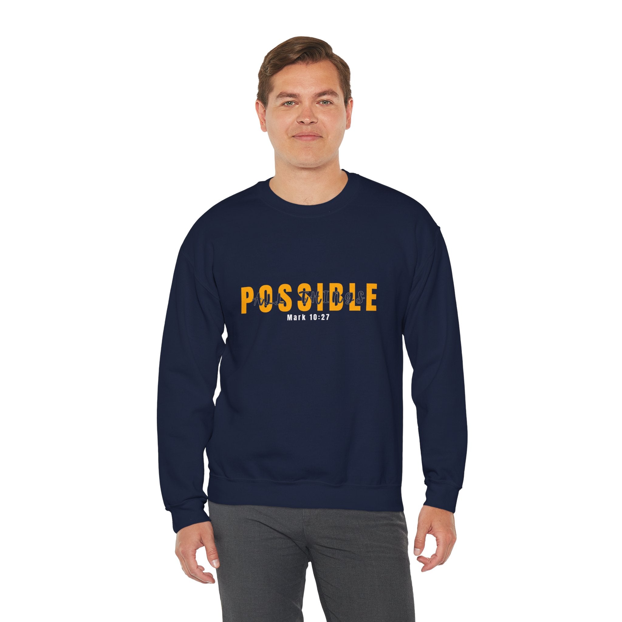 Christian Crewneck Sweatshirt "Possible" Pullover, Mark 10:27 Scripture Apparel, All Things Are Possible Faith Graphic Sweatshirt