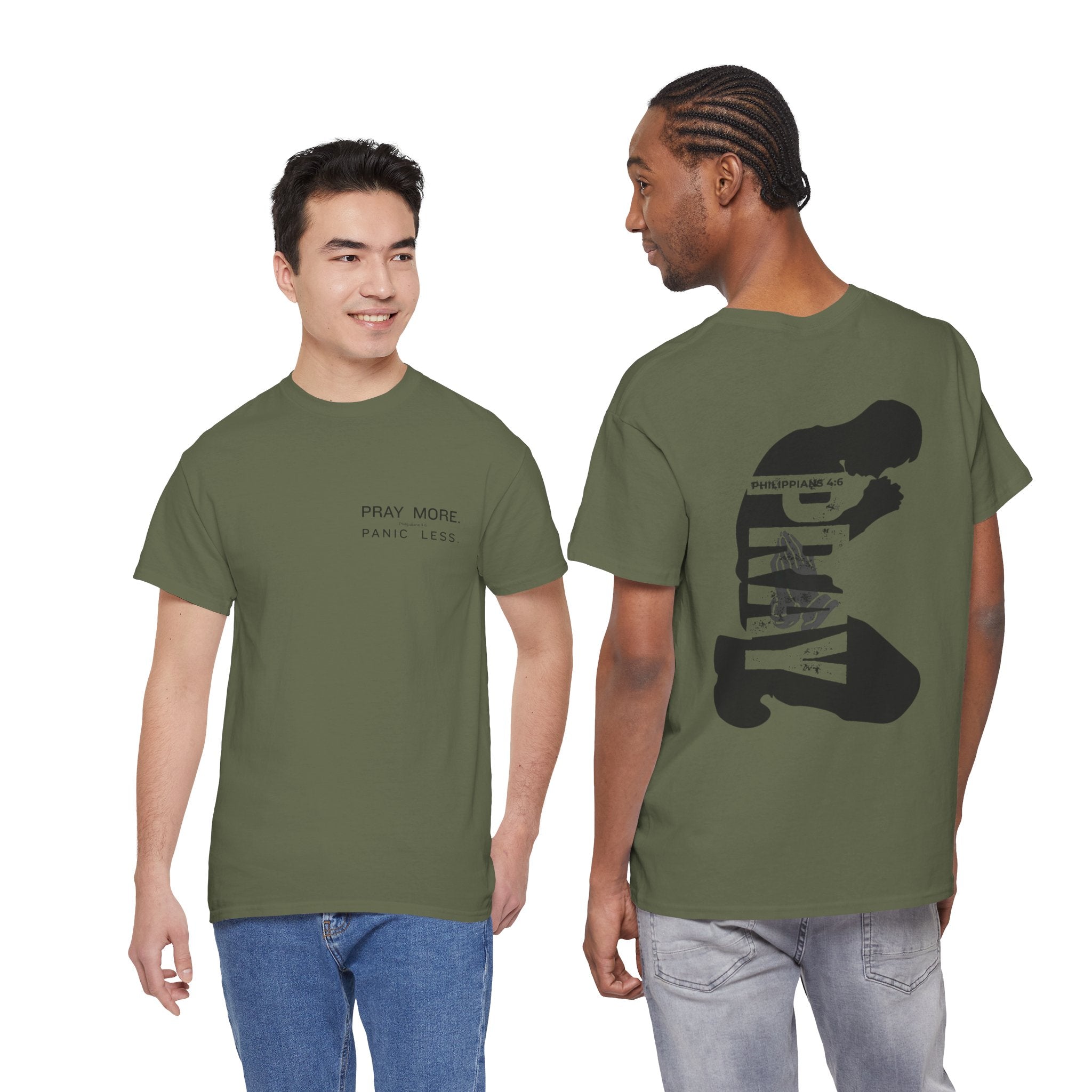 Pray More Tee — "Pray More, Panic Less" Christian Graphic T-Shirt