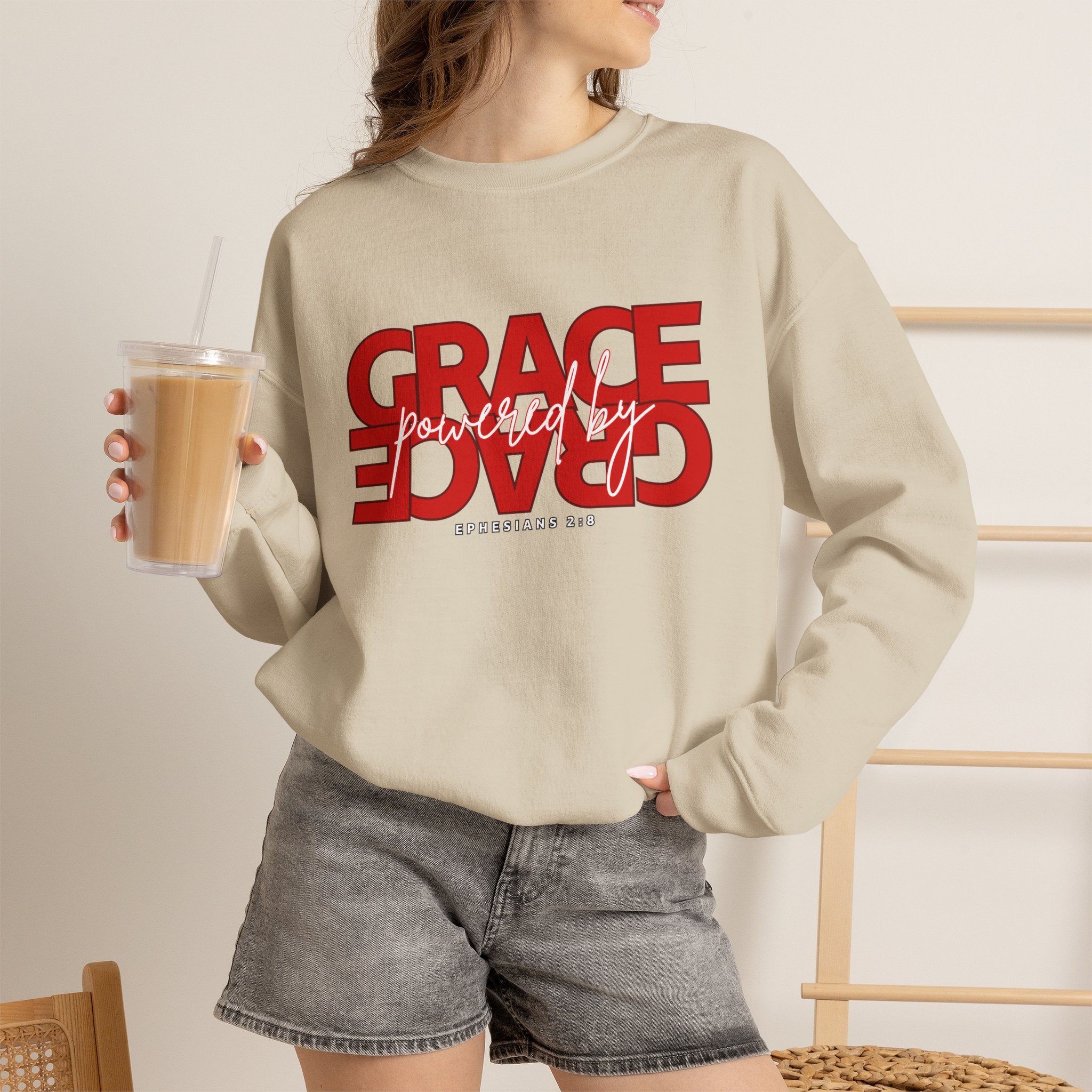 Crewneck Sweatshirt — "Grace Powered By God" Christian Faith Pullover (Ephesians 2:8)