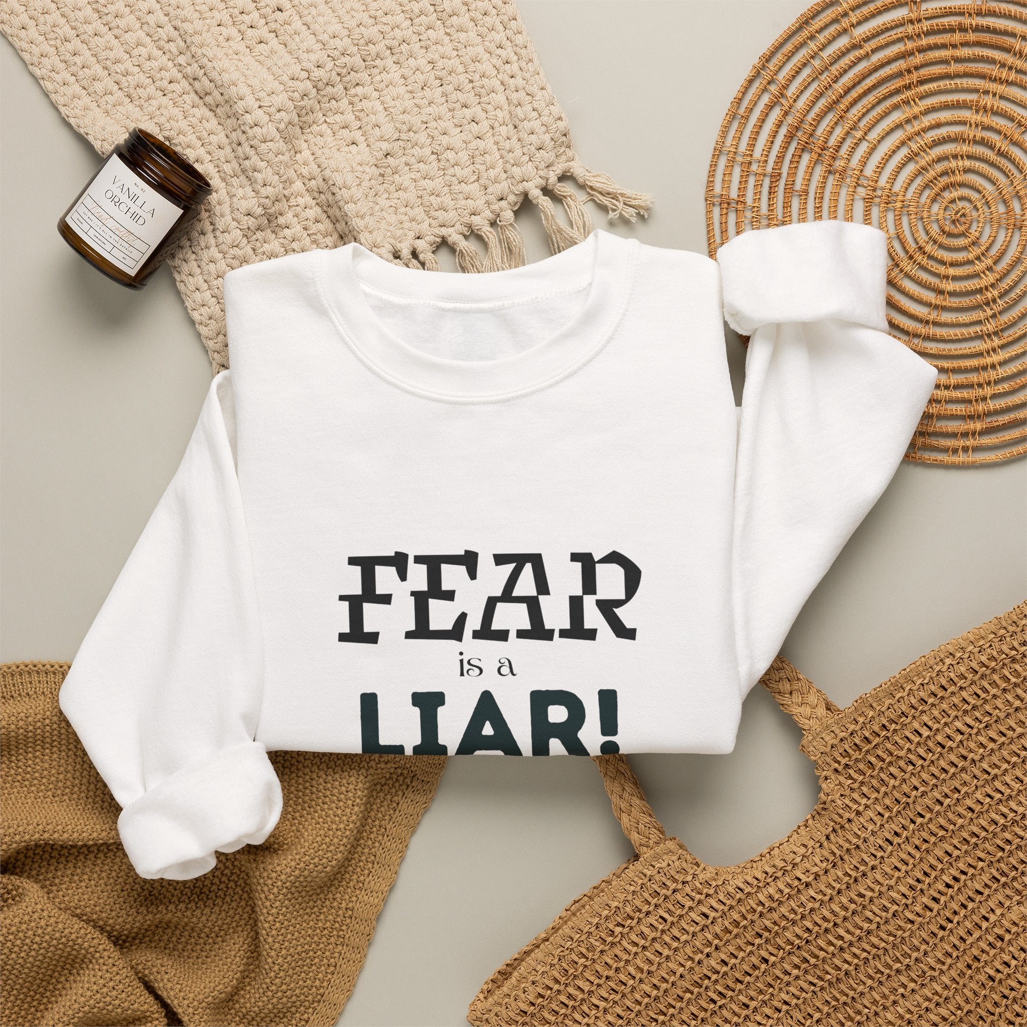 Inspirational Crewneck Sweatshirt "Fear is a Liar" Pullover, Positive Mindset Apparel, Motivational Faith Graphic Sweatshirt