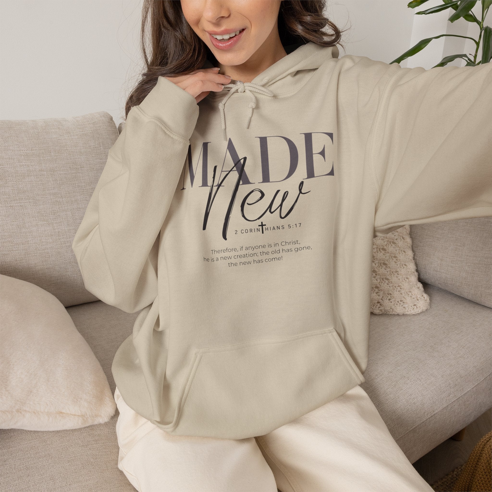 Minimalist Hoodie "Made New" Front Print Pullover, Inspirational Christian Sweatshirt, Aesthetic Faith Clothing