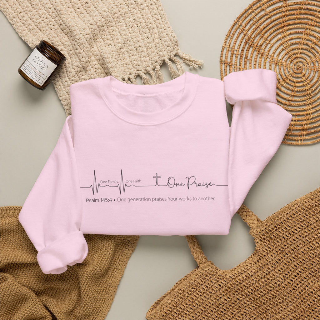 Christian Crewneck Sweatshirt "One Family One Faith One Praise" Pullover, Minimalist Heartbeat Script Apparel, Religious Graphic Sweatshirt