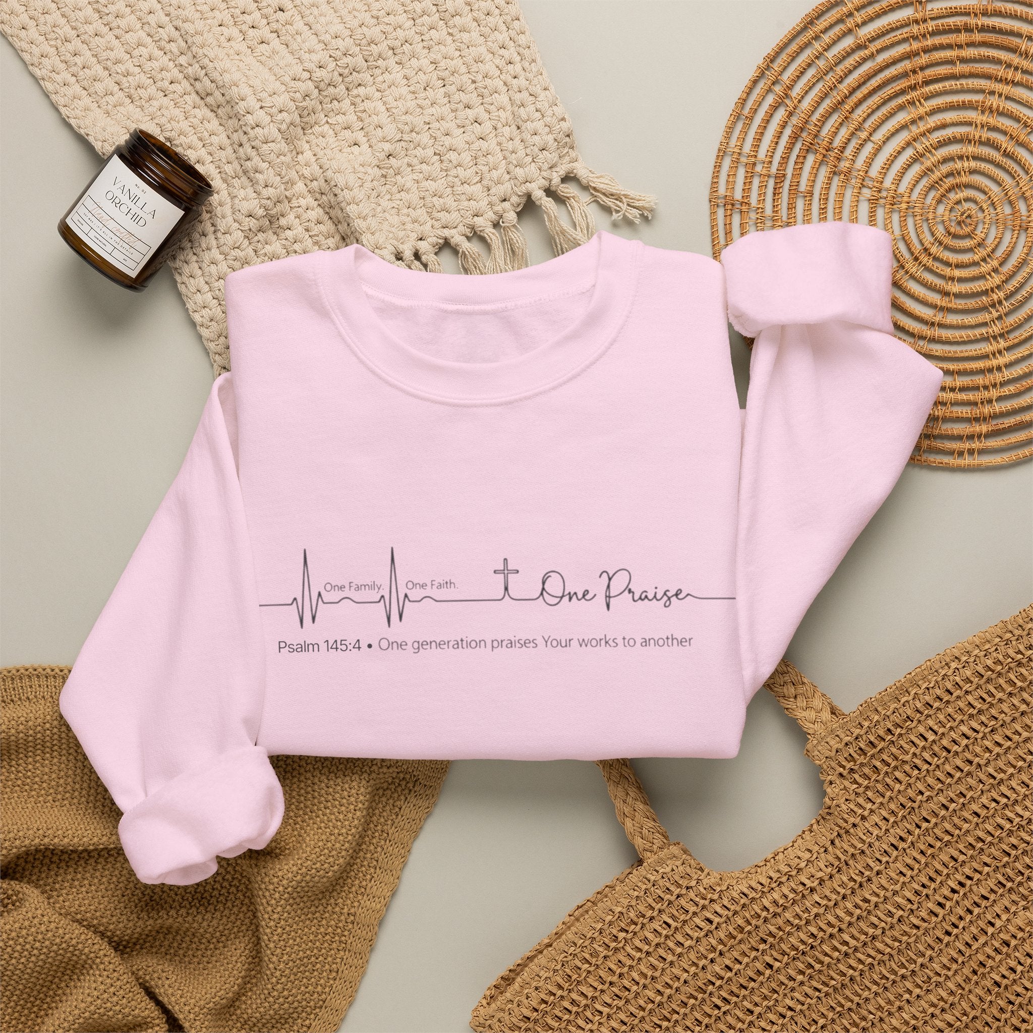 Christian Crewneck Sweatshirt "One Family One Faith One Praise" Pullover, Minimalist Heartbeat Script Apparel, Religious Graphic Sweatshirt