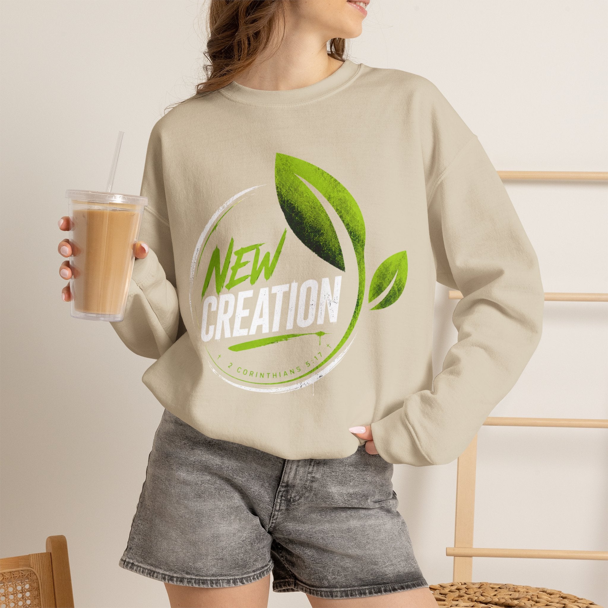 Christian Crewneck Sweatshirt "New Creation" Pullover, 2 Corinthians 5:17 Scripture Apparel, Green Leaf Graphic Sweatshirt
